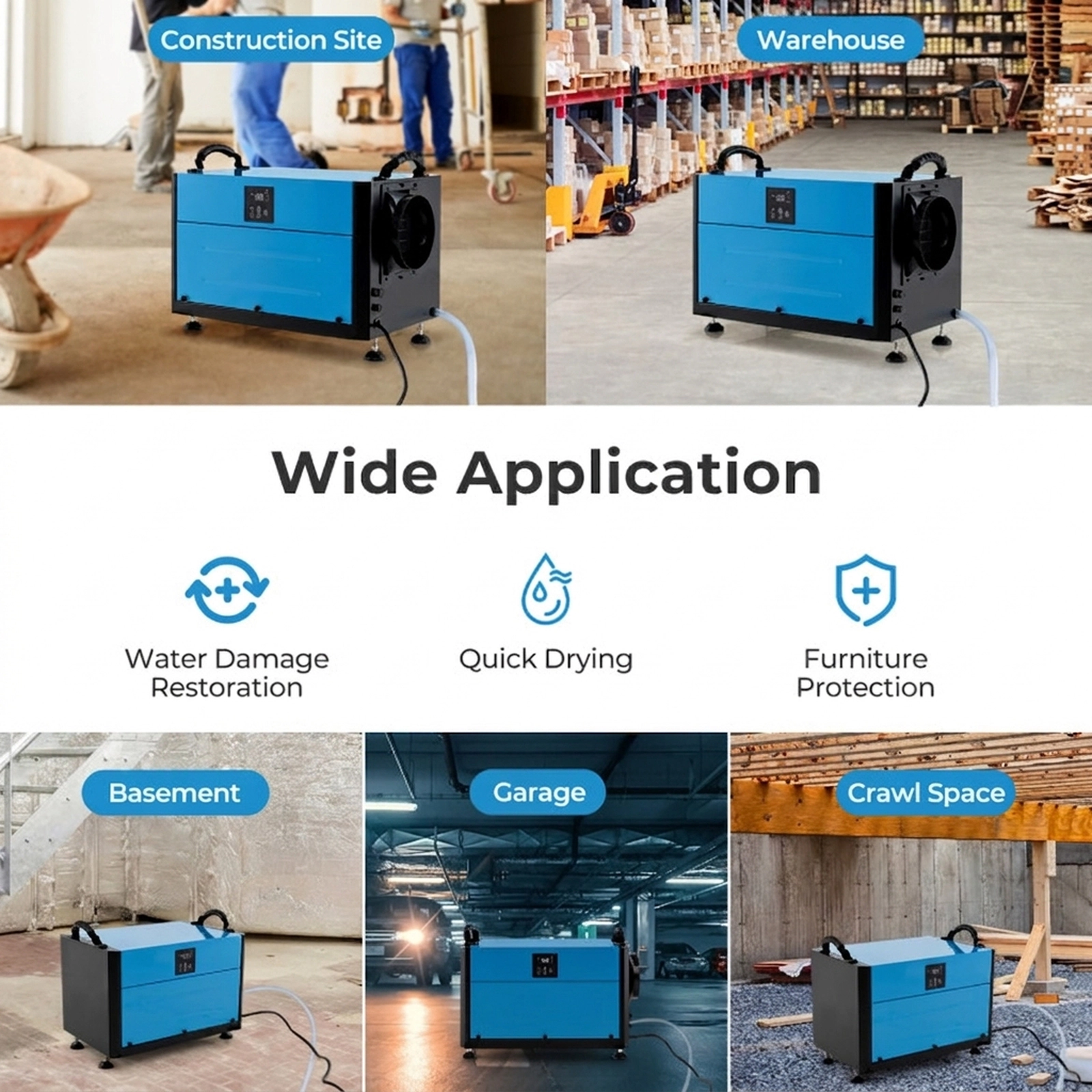 SUGIFT 155-Pint Crawl Space Dehumidifier with 3 Modes and 24H Timer Blue/White