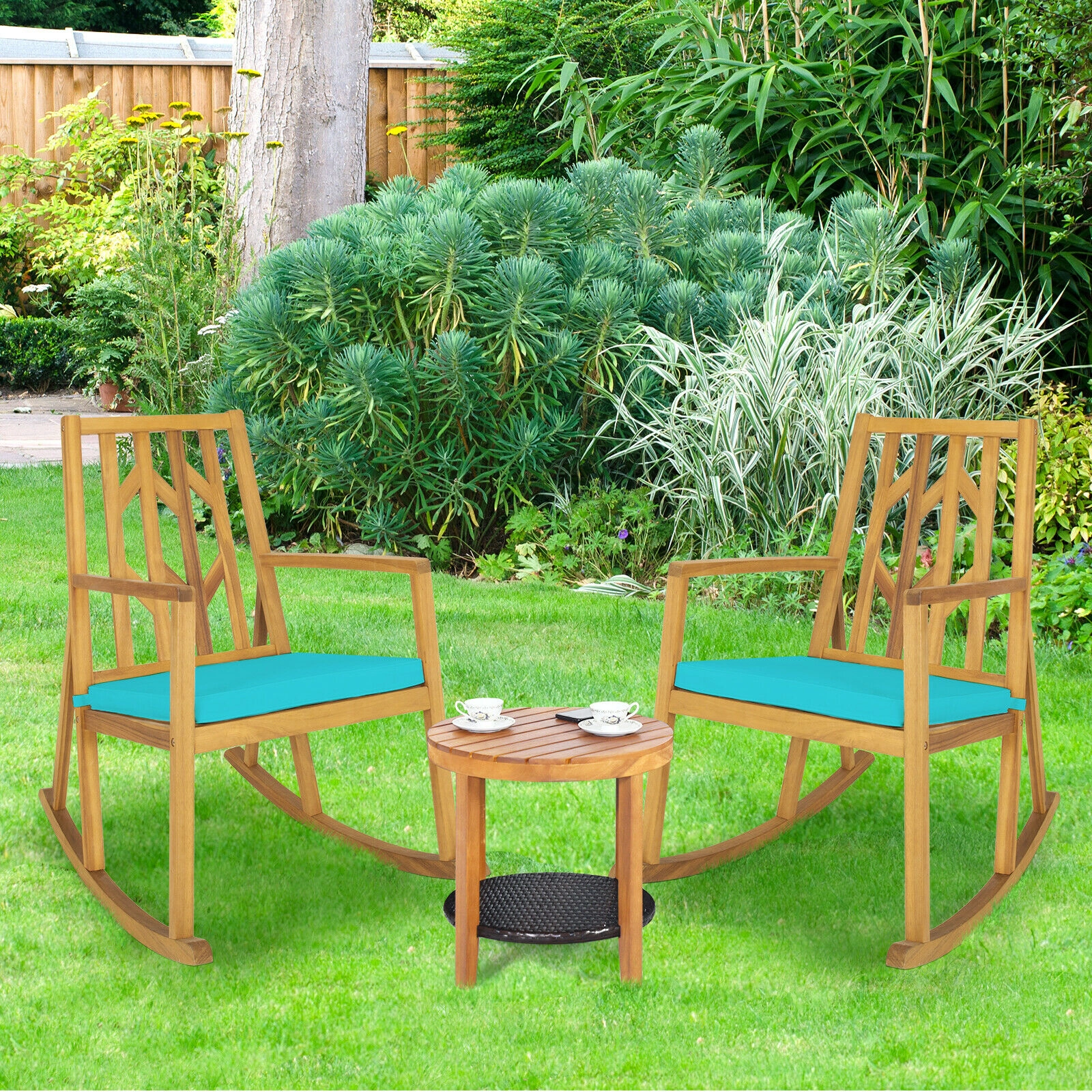 SUGIFT Patio Rocking Chair Sofa with Armrest and Cushion 350-Lb Capacity Natural Chair with Turquoise Cushion