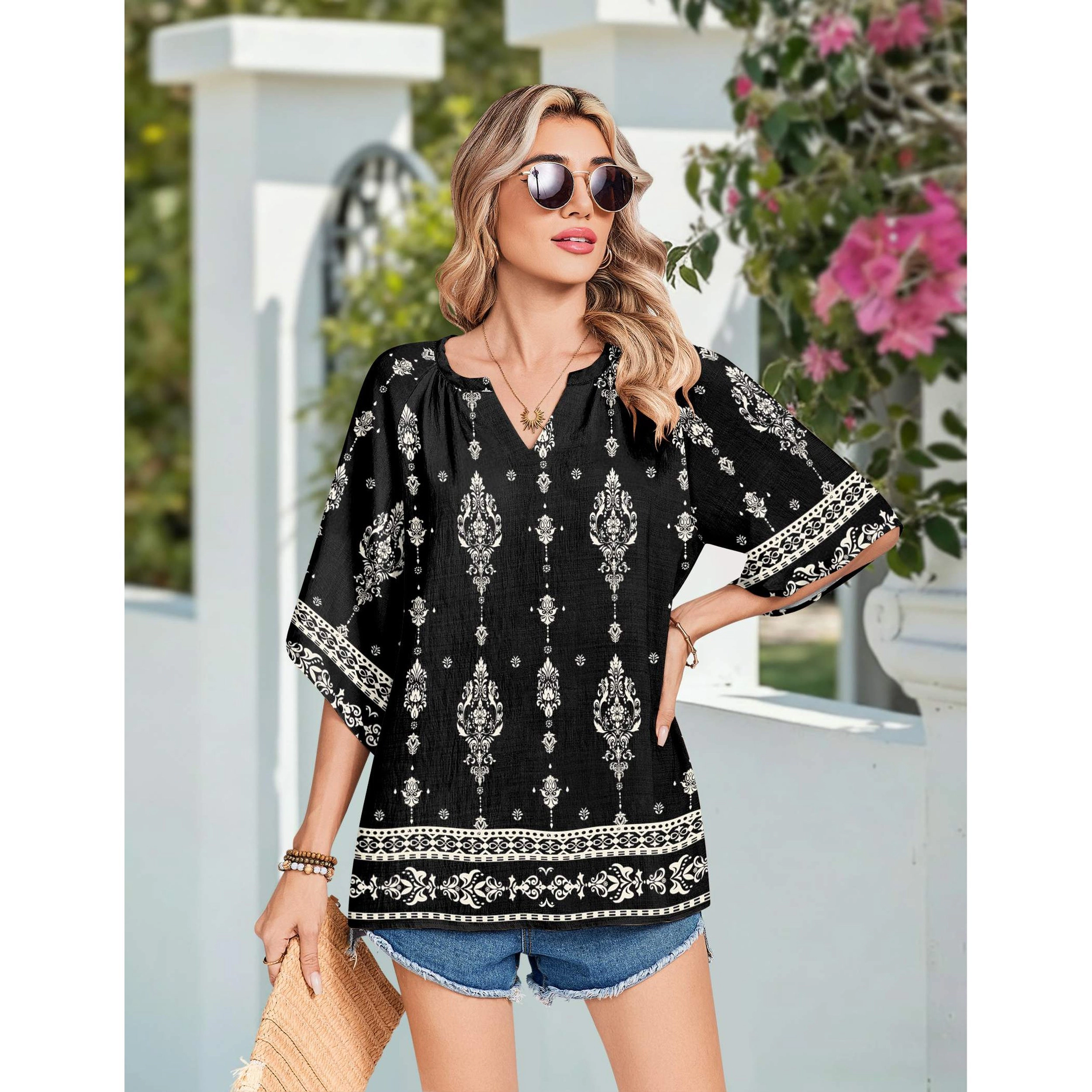 Zeagoo Womens 3/4 Sleeve V Neck Floral Printed Boho Blouses Loose Casual Bohemian Tunic Shirts