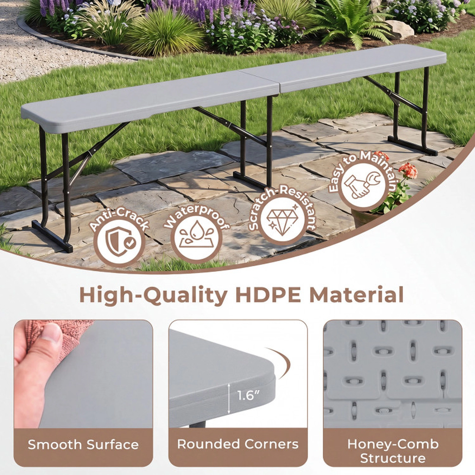 SUGIFT 6-Foot Plastic Folding Bench Picnic Camping Dining Seat 660-lb Capacity with Carrying Handle Light Gray
