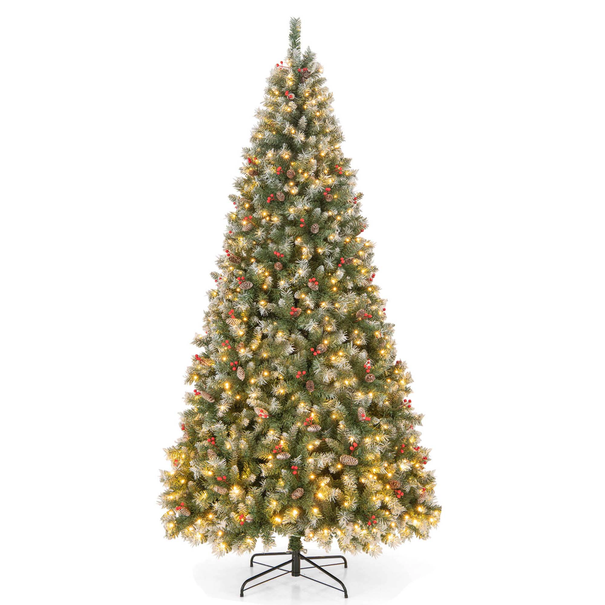 Costway 9 FT Artificial Christmas Tree Hinged with 650 Warm LED Lights & 309 Red Berries