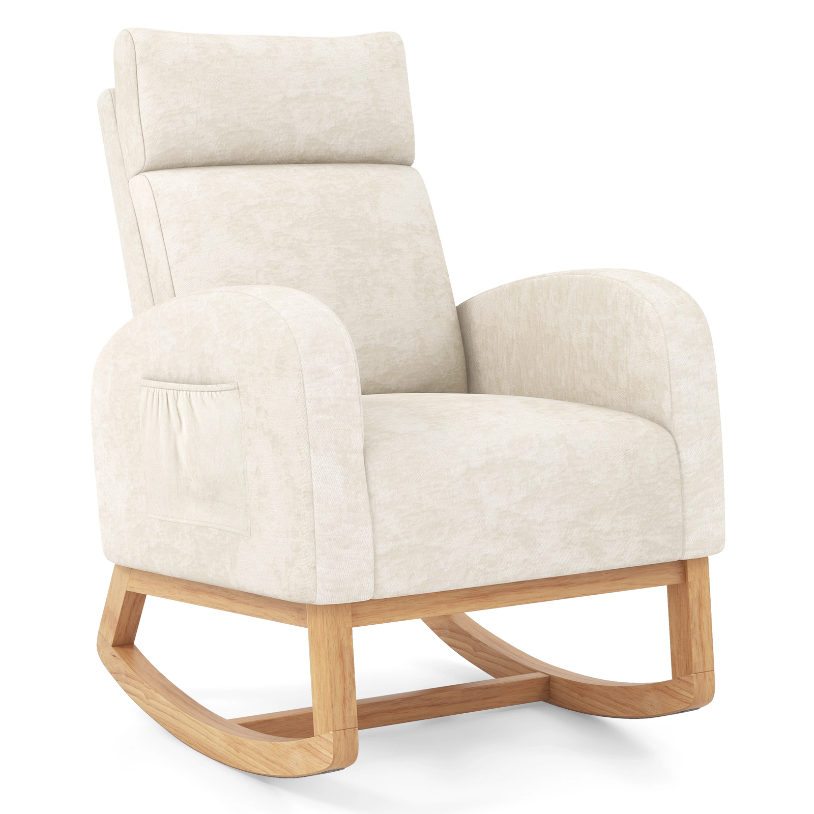 LJG Nursery Rocking Chair Upholstered Chenille Rocker Armchair with Natural Rubber Wood Frame