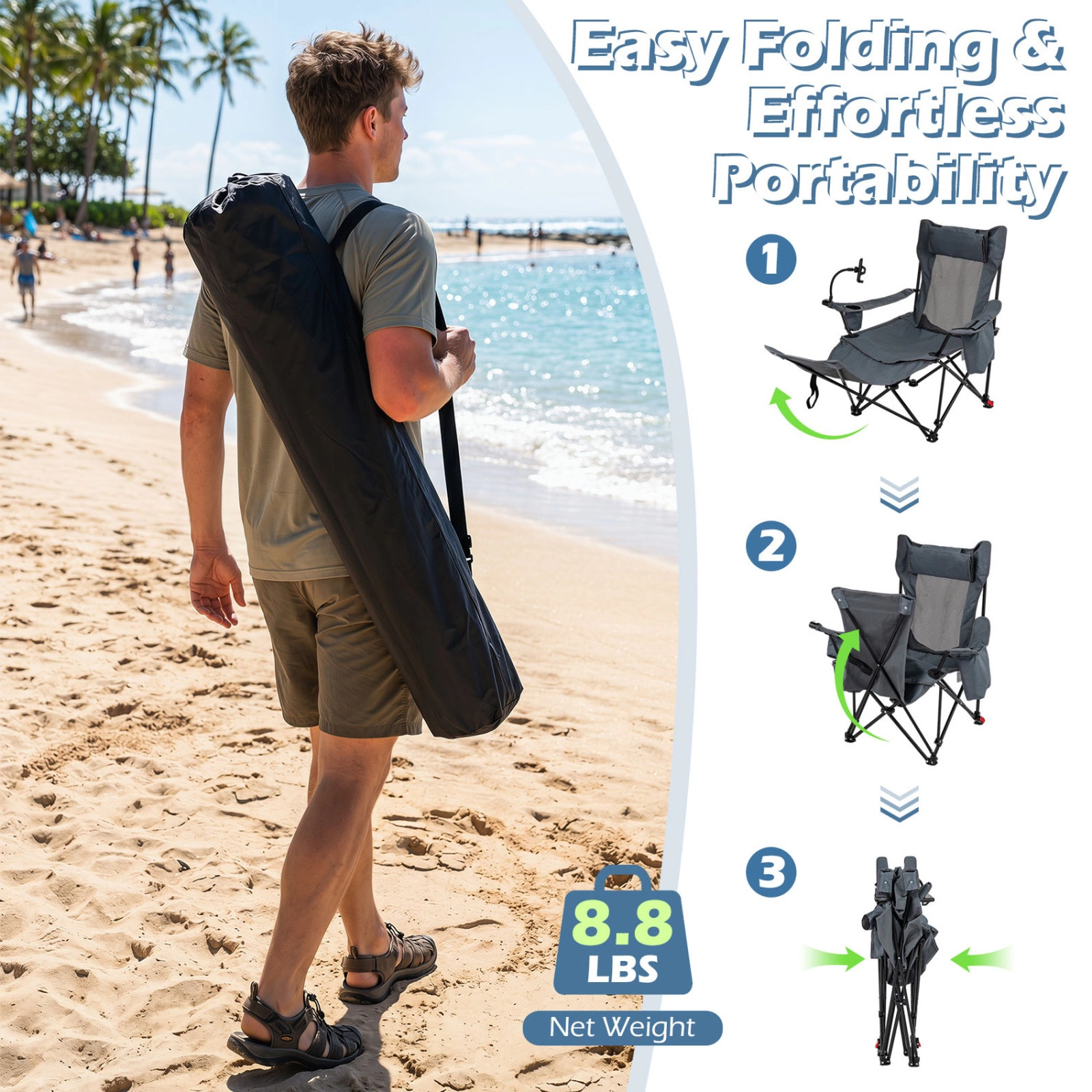 SUGIFT 2-in-1 Reclining Camping Chair with 3-Level Adjustable Backrest 330-lb Capacity Green Black Gray