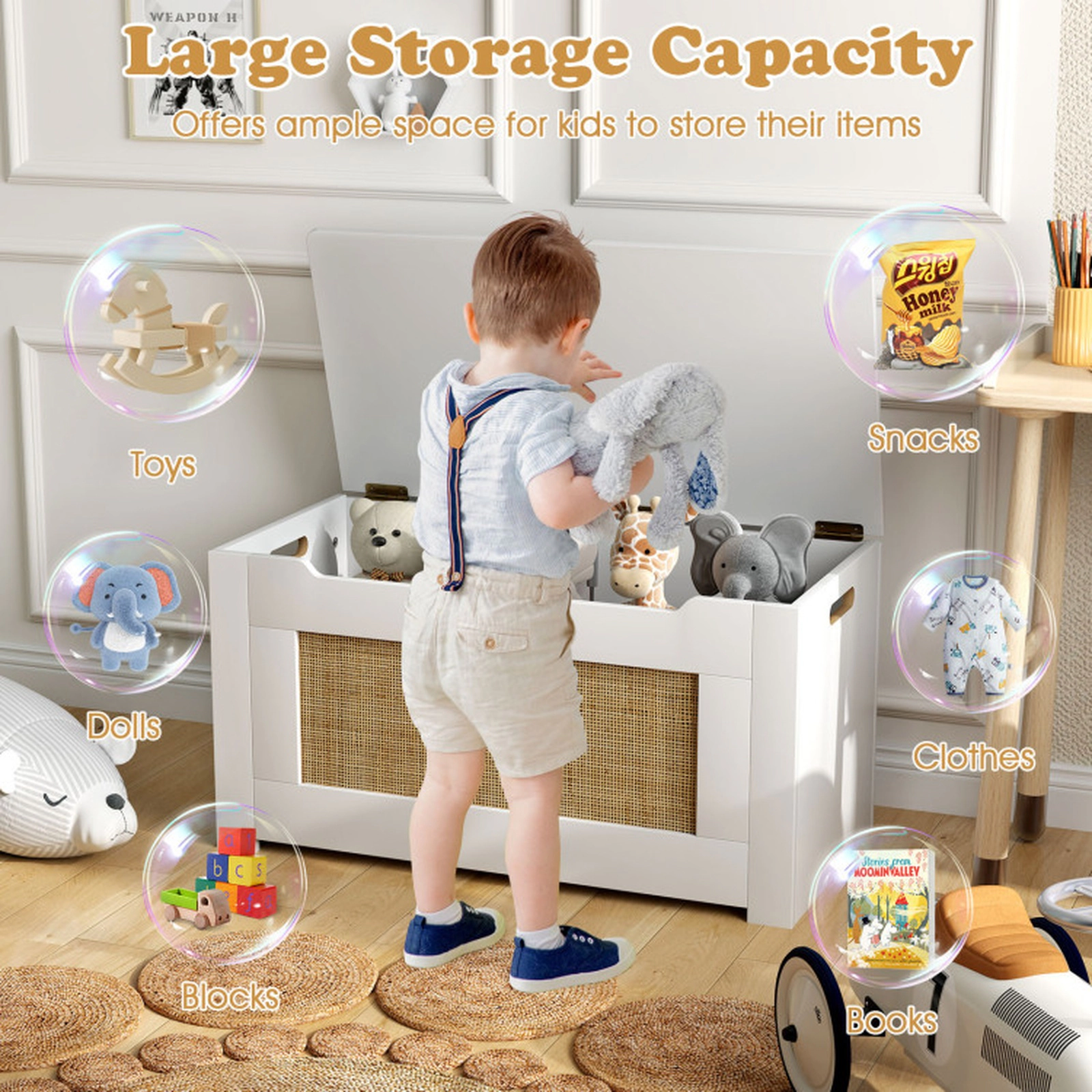 SUGIFT Kids Rattan Toy Storage Box with Flip Top Lid Safety Hinge 66-lb Top 33-lb Interior White Natural