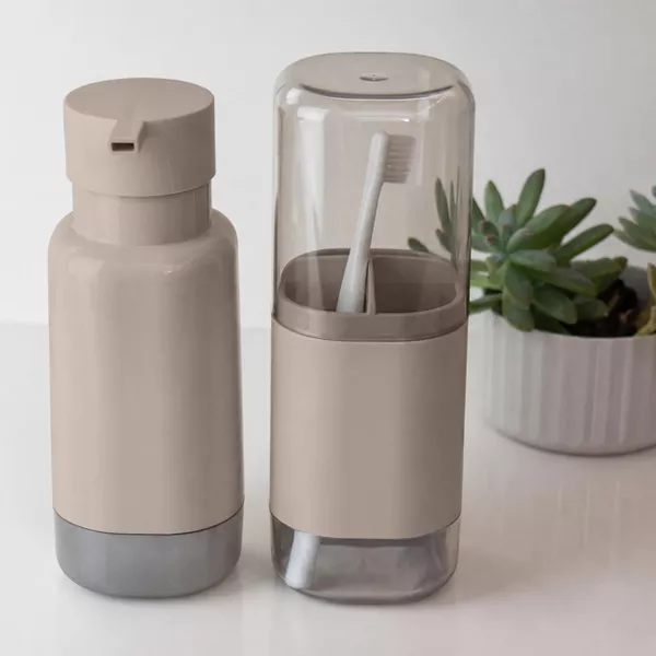 OU 17oz Soap Dispenser & Toothbrush Holder Set, Durable Dual Bathroom Organizer w/ Nonslip Base, Countertop