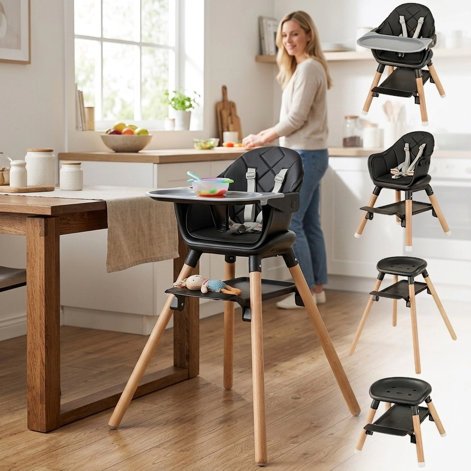 6-in-1 Baby High Chair Booster Seat and Toddler Table and Chair Set with 5-Point Safety Harness and Waterproof Cushion