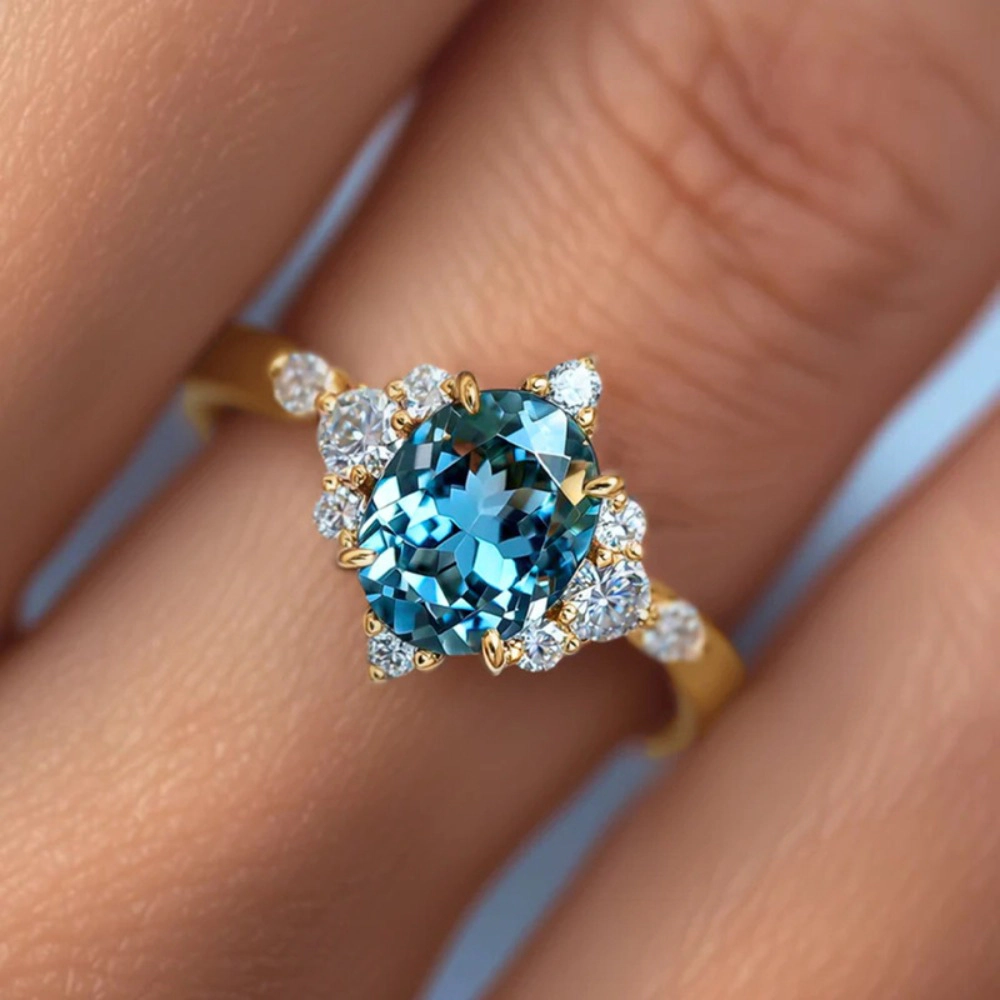 Elegant Oval Sea Blue Synthetic Gemstone Engagement Ring