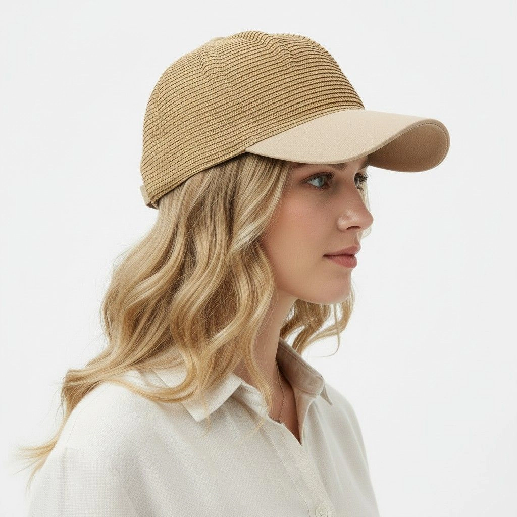 Anna-Kaci Women's Women Straw Baseball Cap Woven Crown Fabric Brim Lightweight Breathable Summer Hat