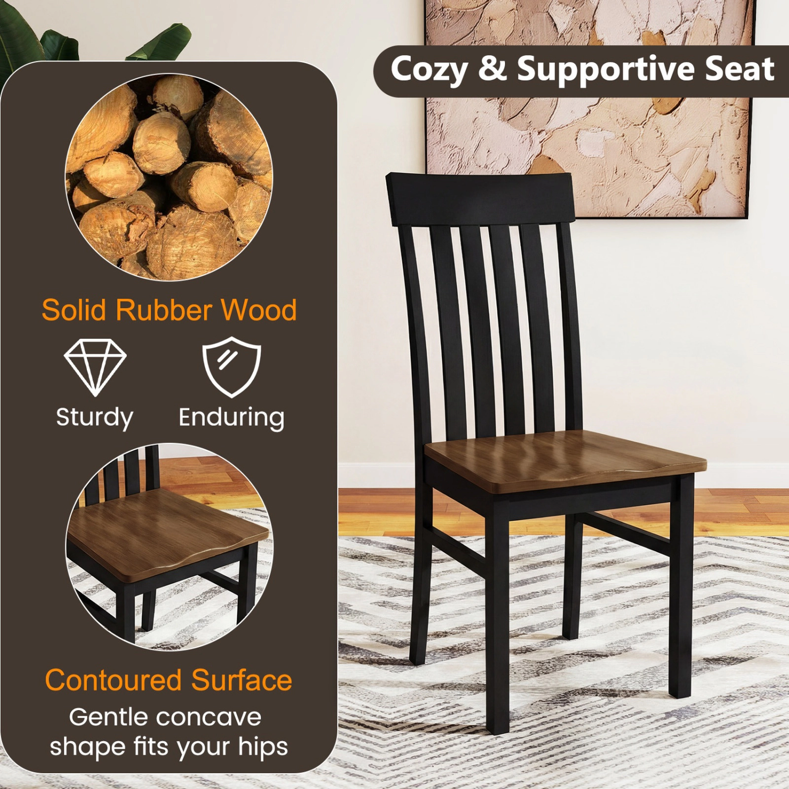 SUGIFT Set of 2 Black Solid Wood Armless Dining Chairs with Vertical Slat Backrest