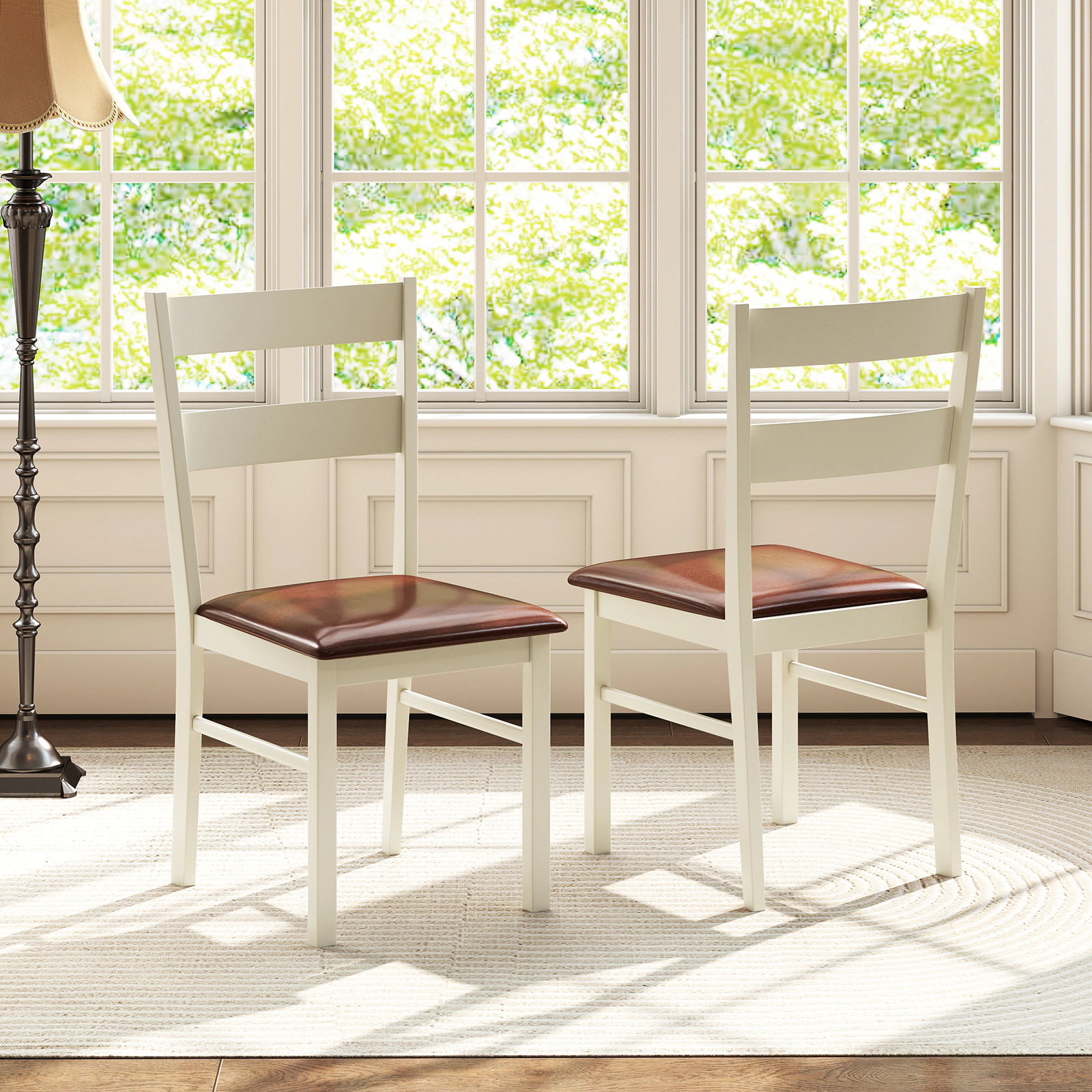 SUGIFT Wooden Dining Chair Set of 2 PU Leather Upholstered Armless Kitchen Chairs 275-Lb Capacity White+Brown