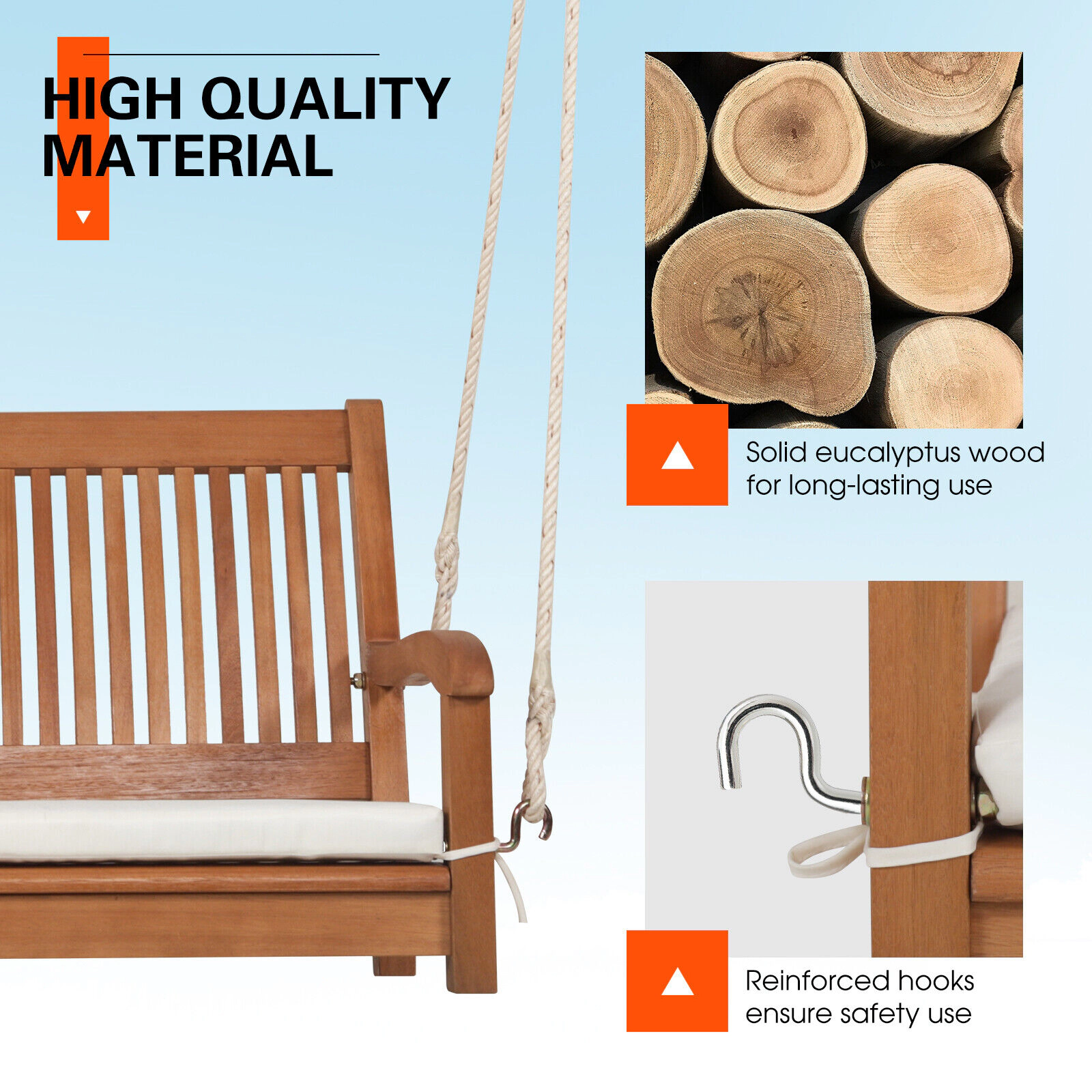 SUGIFT 800-lb 2-Person Eucalyptus Wood Porch Swing Bench with Cushion and Hemp Ropes