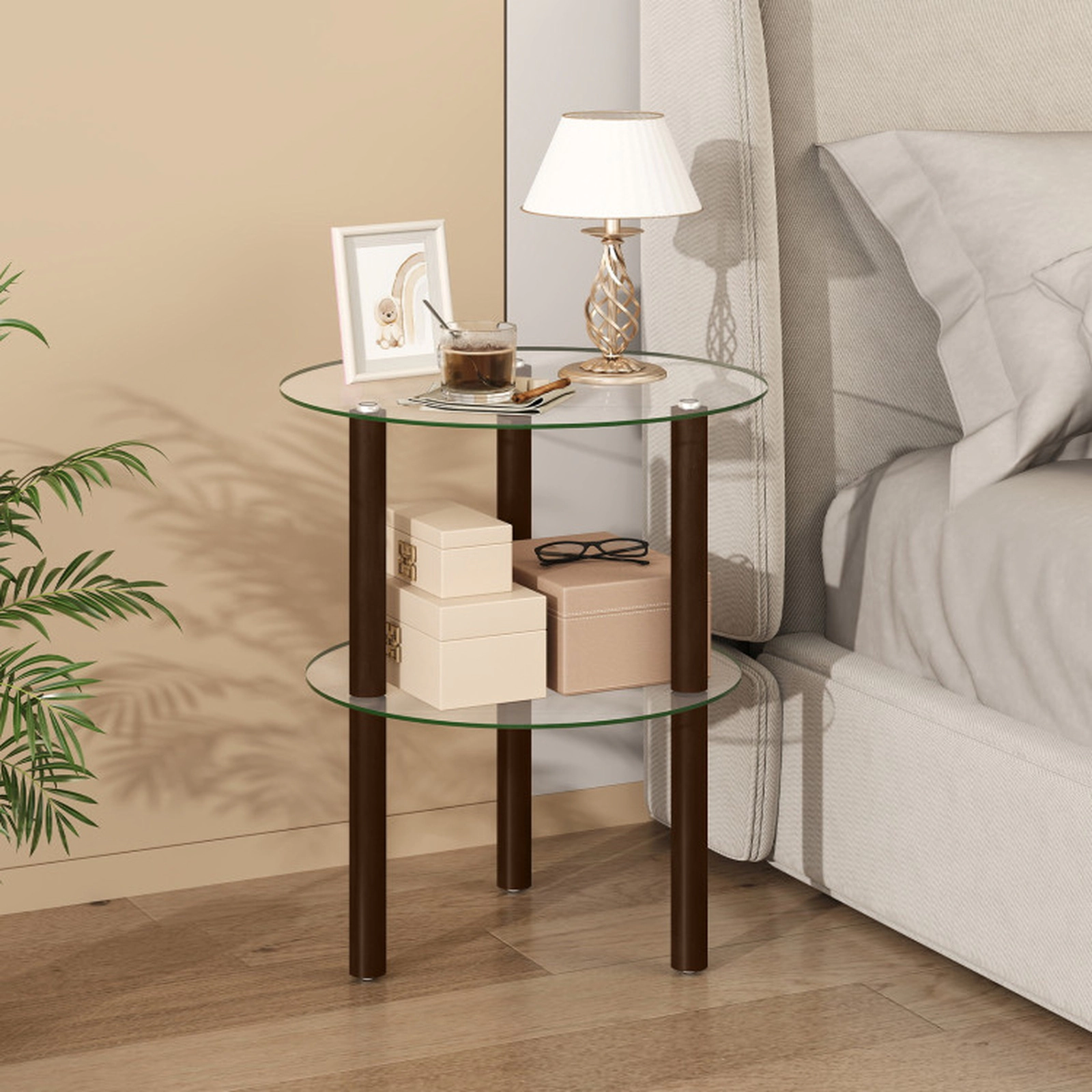 SUGIFT 2-Tier Round End Table with Clear Tempered Glass Top and Shelf 110-lb Capacity Brown