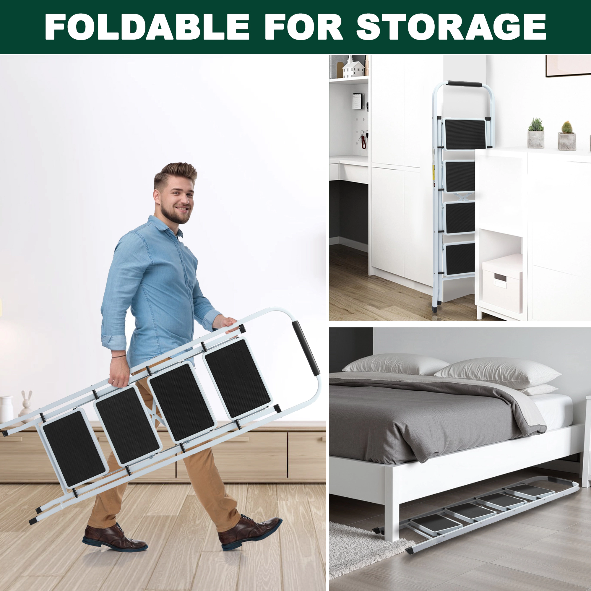 Flynama 4 Step Ladder- 330lb Capacity Steel Foldable Step Stool (White)