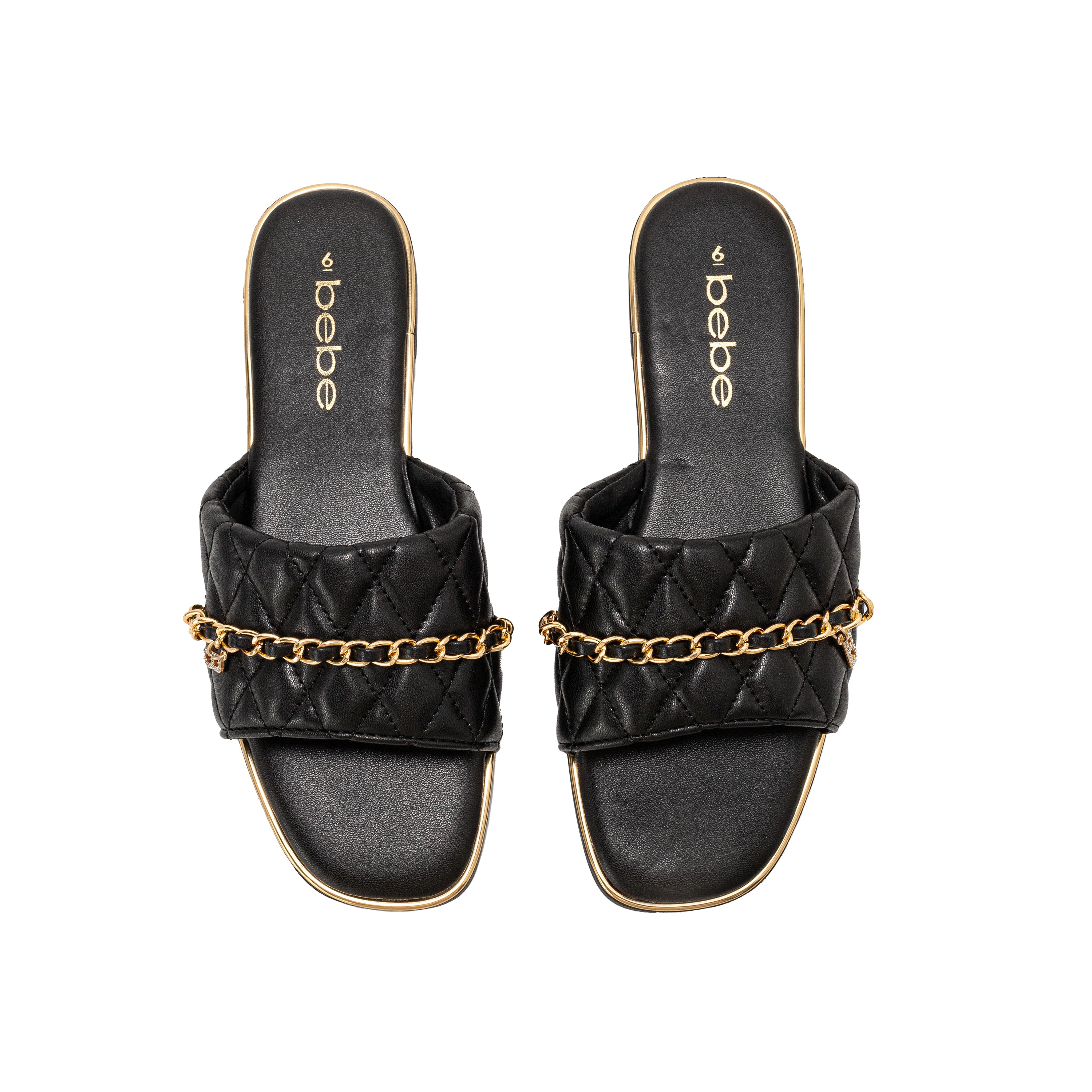 bebe Women's Quilted Slide Sandals with Chain Detail Slip On Flats