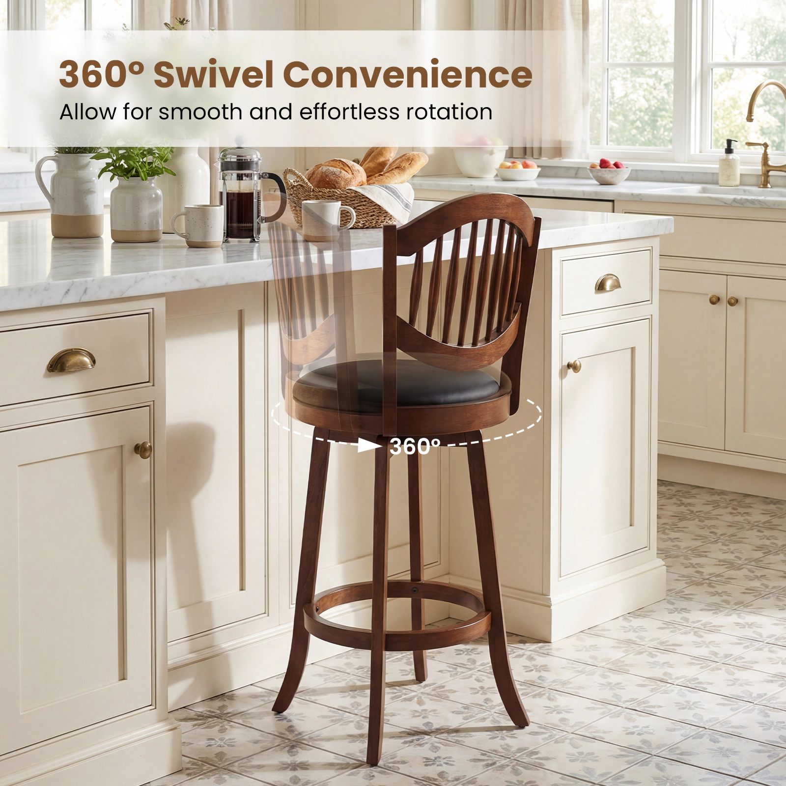 SUGIFT Set of 2 Swivel Bar Stools, 25 or 30 in, PVC Leather, Espresso Wood Frame