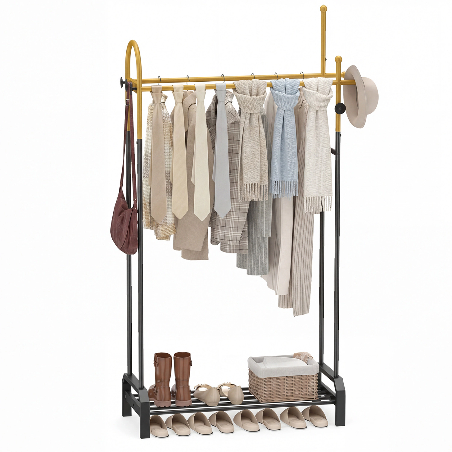 Glintex Double-Rod Garment Rack with 5 Side Hooks and Reinforced U-Shaped Base, Gold