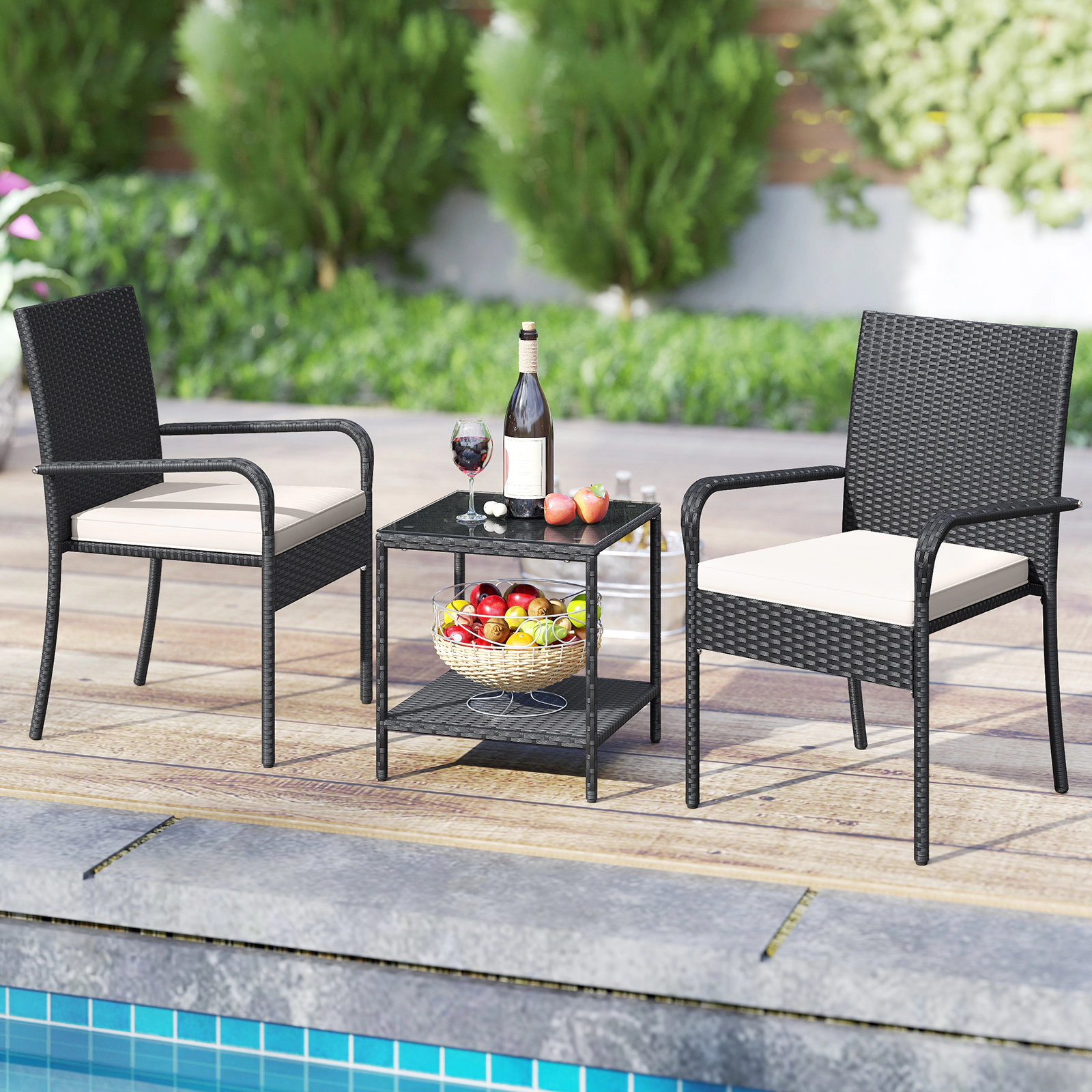 SUGIFT Patio Conversation Set with Cushions & Tempered Glass Side Table 400-lb Chairs Black Rattan Beige/Black/Off White