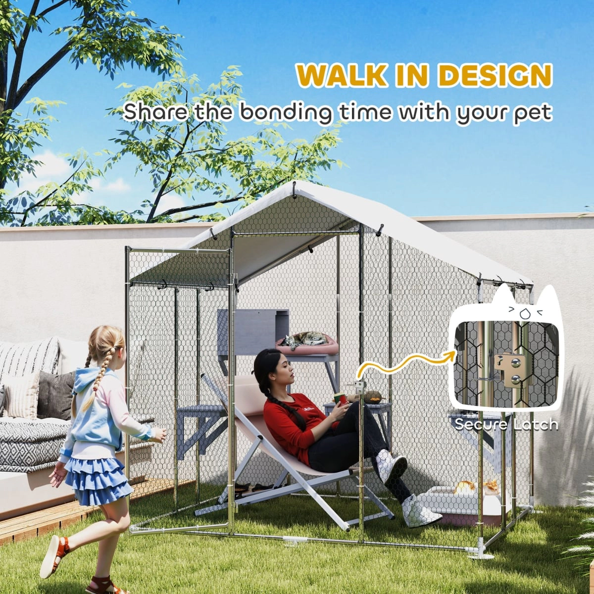 212 Main 94.5 in. PawHut Metal Outdoor Catio with Waterproof Cover - 2 Resting Boxes - 7 Jumping Platforms, Silver