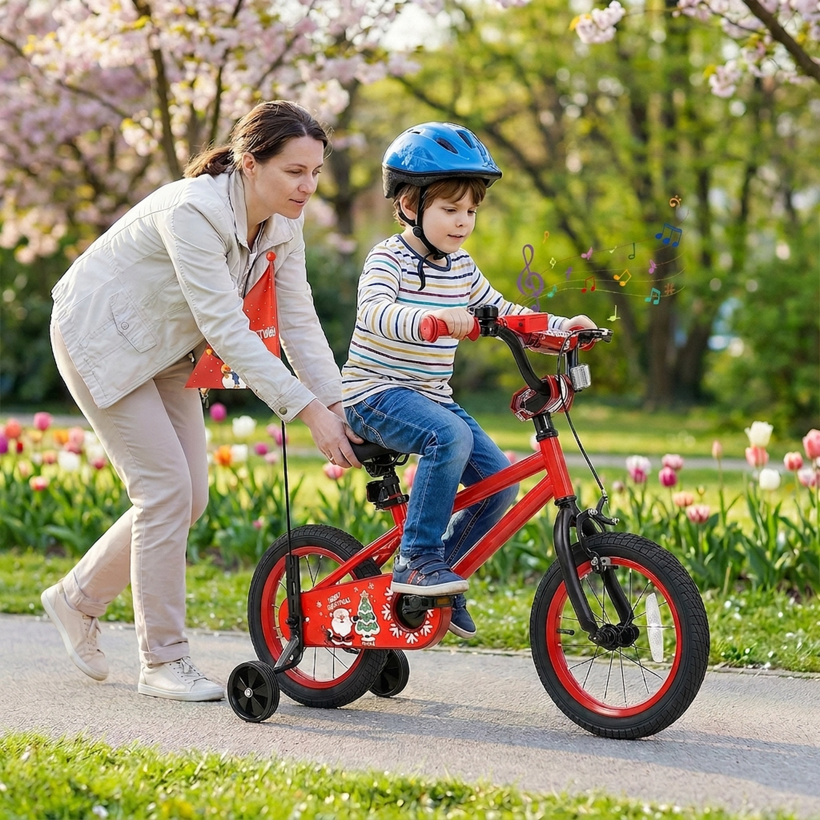 SUGIFT Adjustable 14-In Kids Bicycle with Training Wheels Christmas Music Flag 110-lb Capacity Ages 3-5 Red