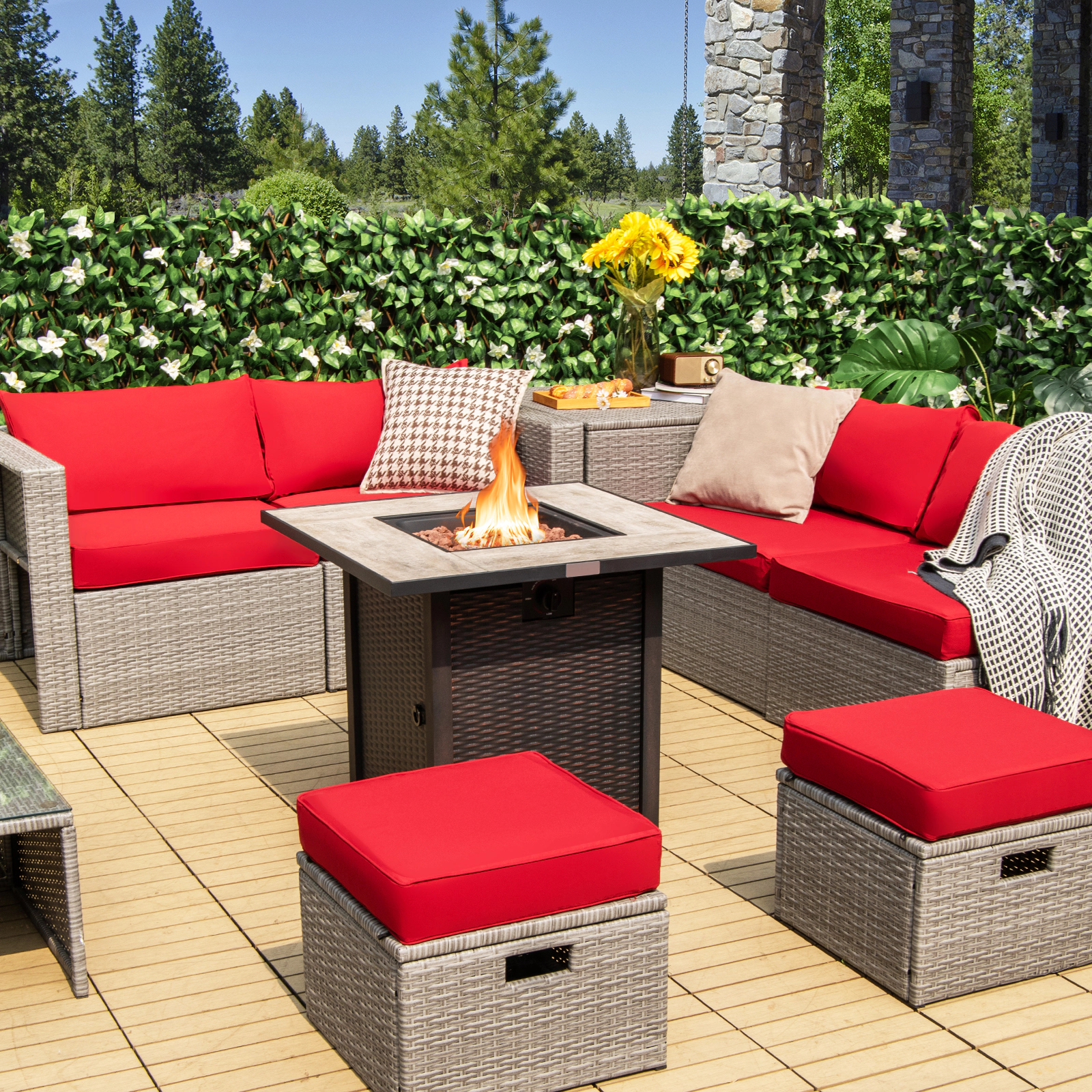 SUGIFT Square Brown Propane Gas Fire Pit Table with Ceramic Tabletop and Lava Rocks 30-in W 30-in D 25-in H