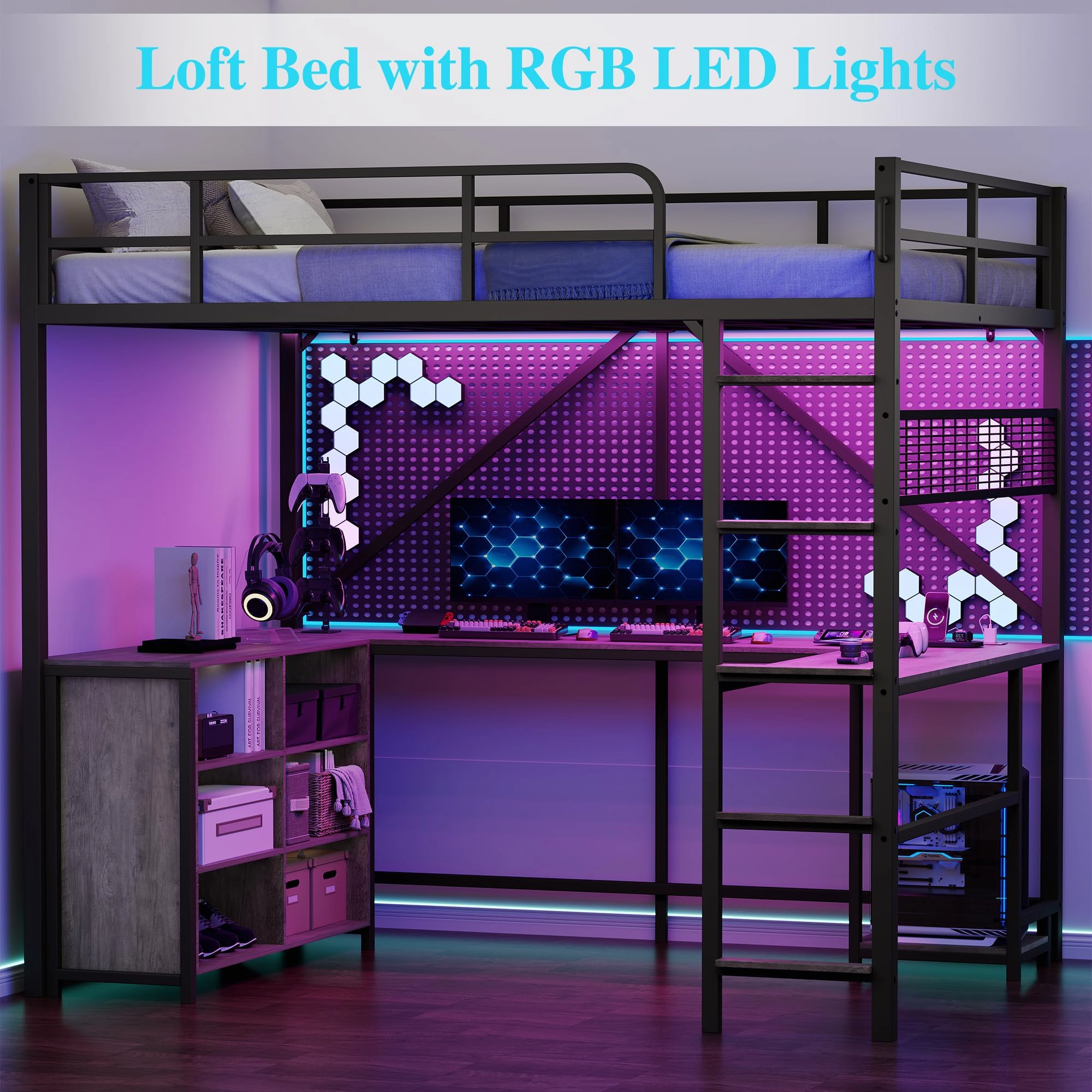 Full Loft Bed with U-Shaped Desk, Storage Cubbies, LED Light, Power Outlet & Heavy Duty Metal Frame
