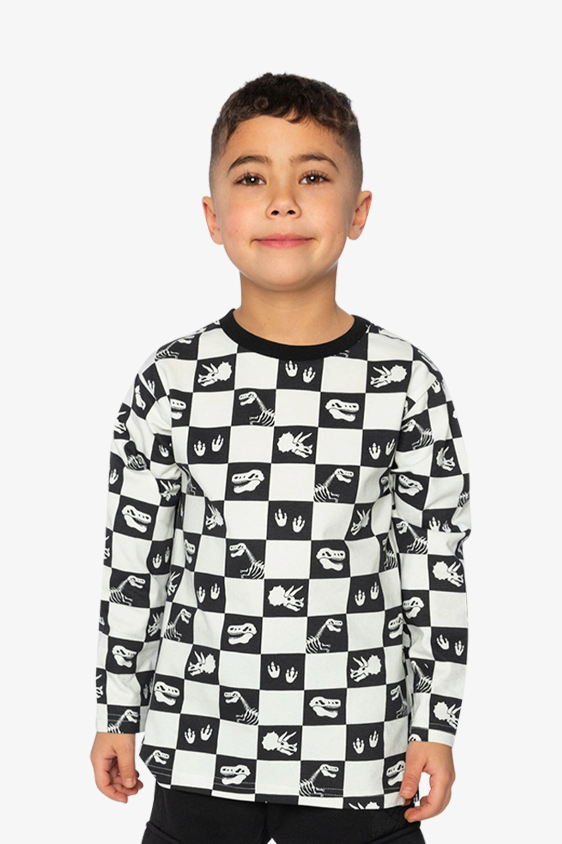 Deux par Boys Organic Cotton Long Sleeve Checkerboard Dino Icon T-Shirt
