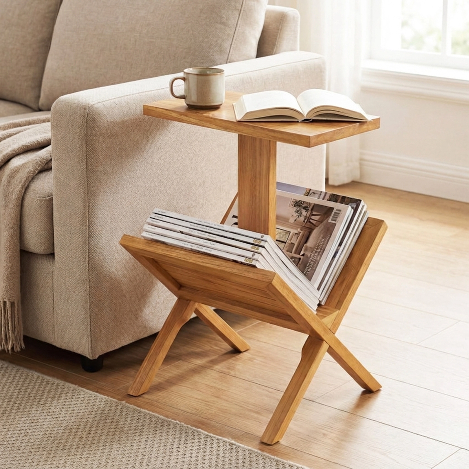 SUGIFT Natural Teak Wood Side Table, 20.5 in, Magazine Rack and Open Storage Shelves