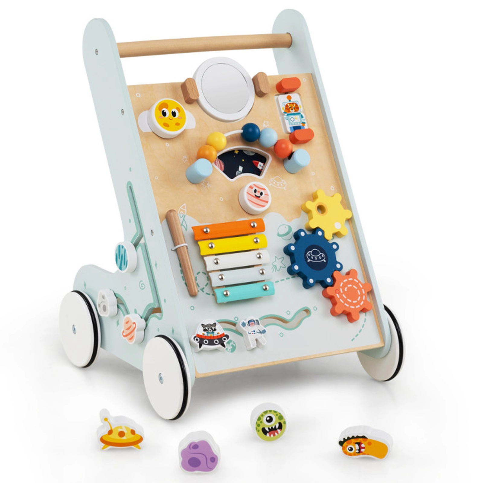 SUGIFT 8-in-1 Wooden Baby Walker Push and Pull Learning Activity Center with Wheels 5-lb Frame Ages 1+ Years Green/Blue