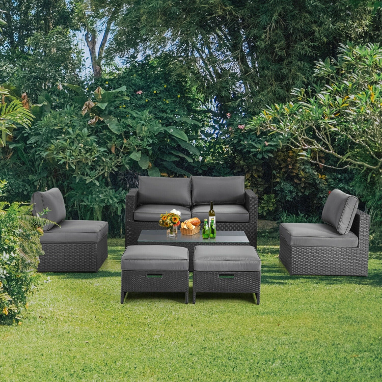 Hivvago 6 Pieces Patio Rattan Furniture Set With Glass Table And Cushioned Seat