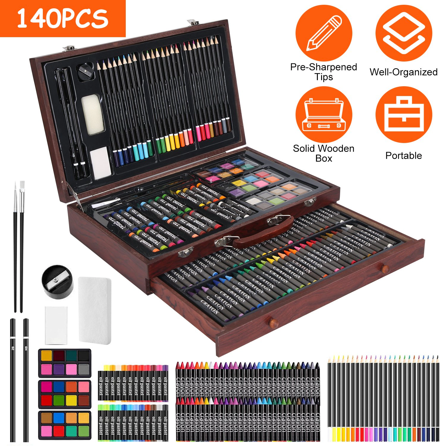 GBruno 140-Piece Wooden Box Art Supply Set