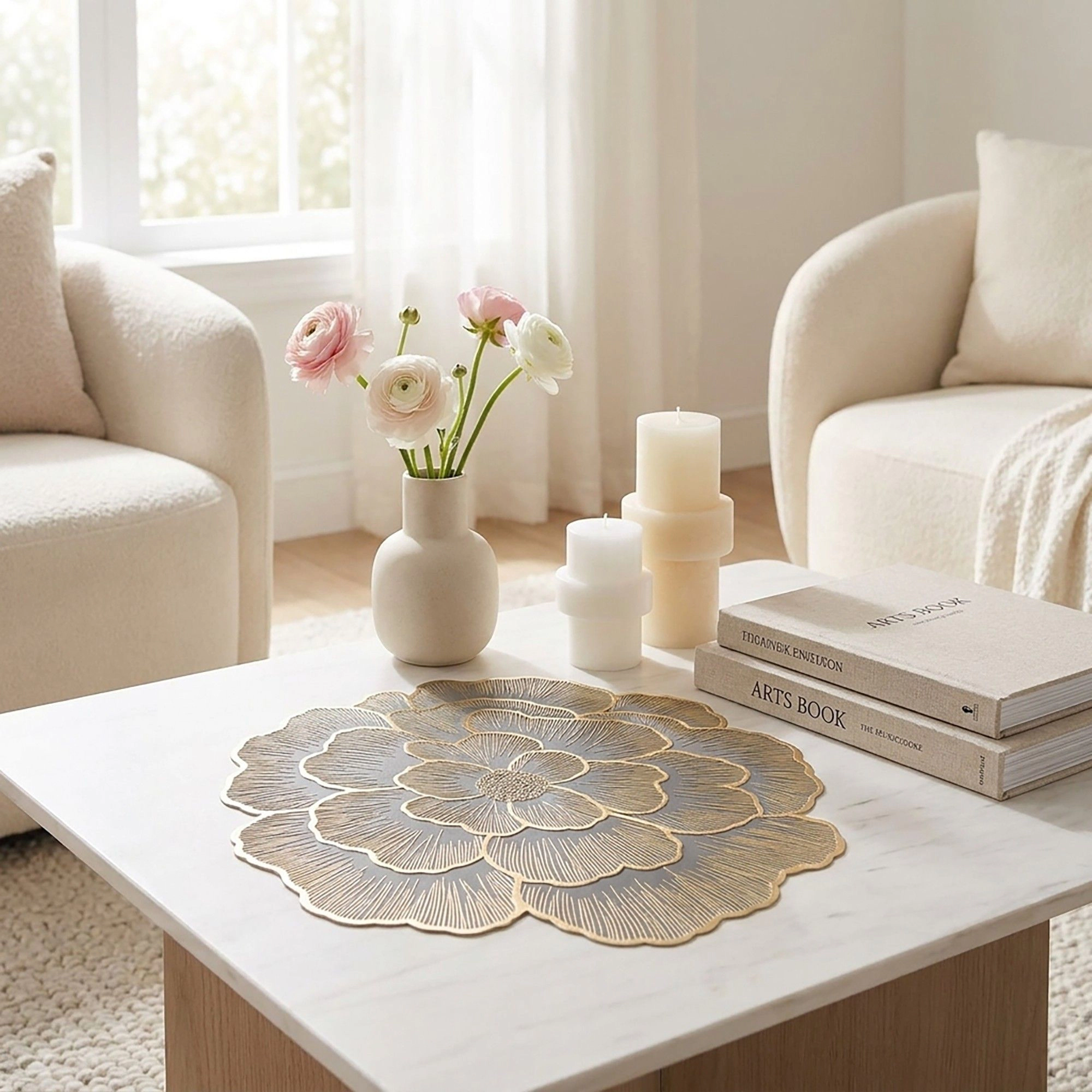 Alilang Unisex 4 Pack Floral Round PVC Placemats Gold Trim Washable Heat Resistant Table Mats