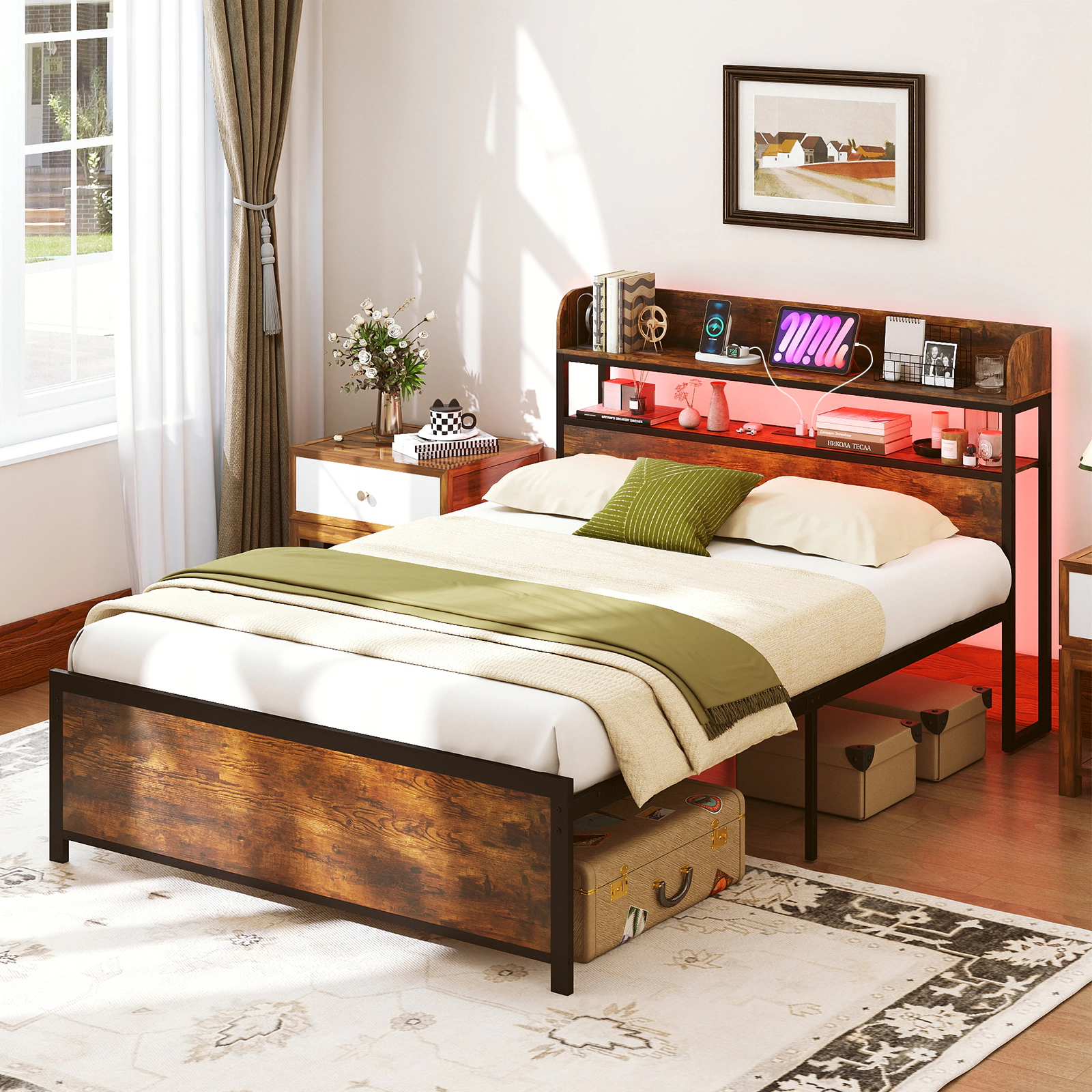 SUGIFT LED Storage Headboard Bed Frame with Power Outlets Full Size 1000-lb Capacity Rustic Brown