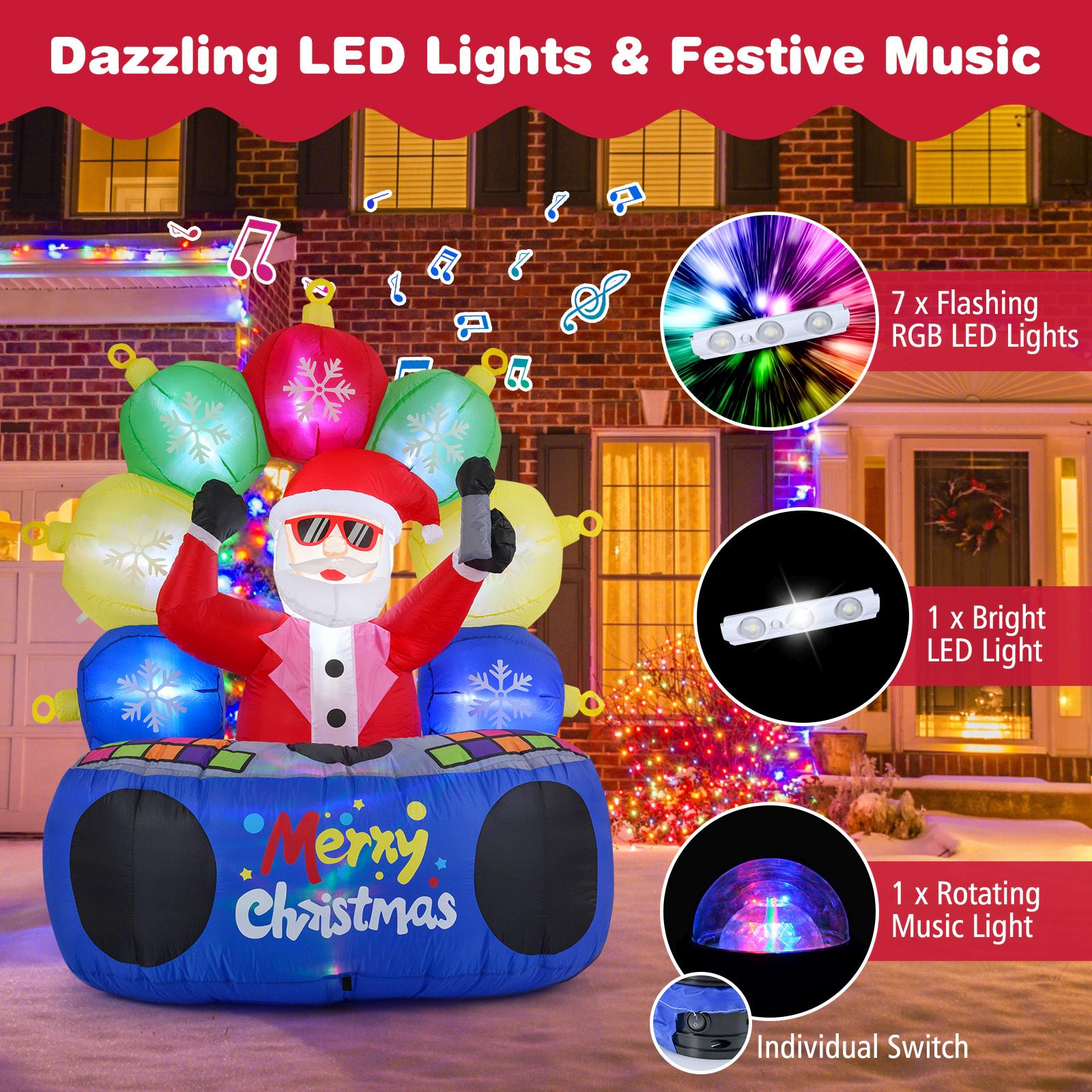 Slickblue 6FT DJ Santa Inflatable with RGB LED Holiday Lights