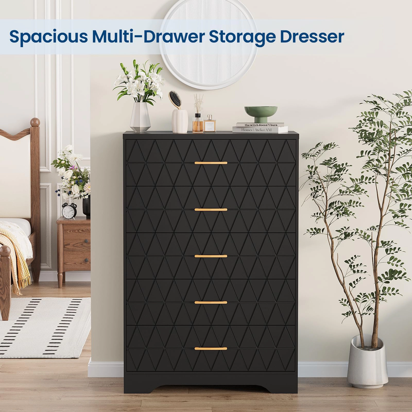 Tall Wooden 5 Drawer Dresser, Modern Chest with Gold Handles for Bedroom, Living Room, Hallway
