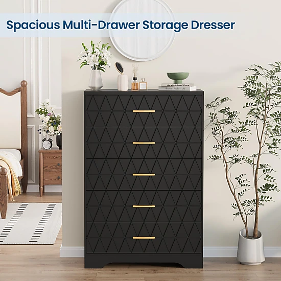 Tall Wooden 5 Drawer Dresser, Modern Chest with Gold Handles for Bedroom, Living Room, Hallway