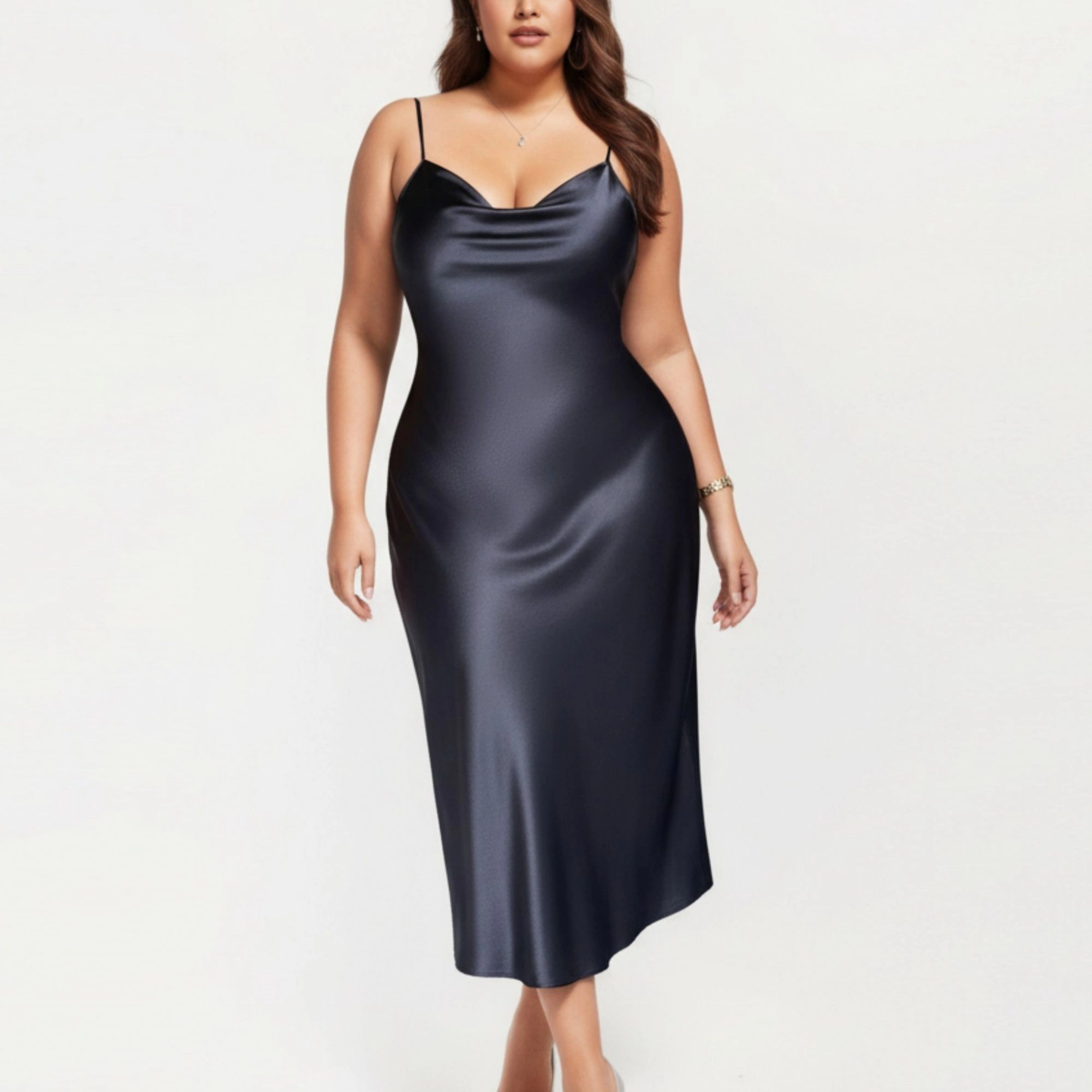 Anna-Kaci Women's Satin Slip Midi Dress with Draped Neckline Adjustable Straps and Soft Body-Skimming Flowing Silhouette