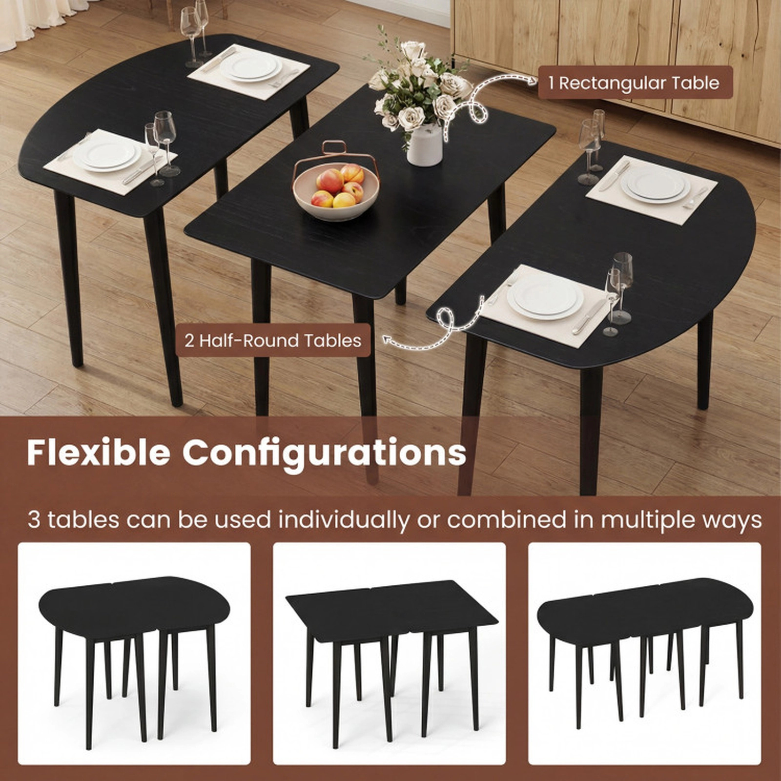 SUGIFT 68-in Modular Expandable Dining Table Set for 6 to 8, 1 Rectangular and 2 Half-Round Tables