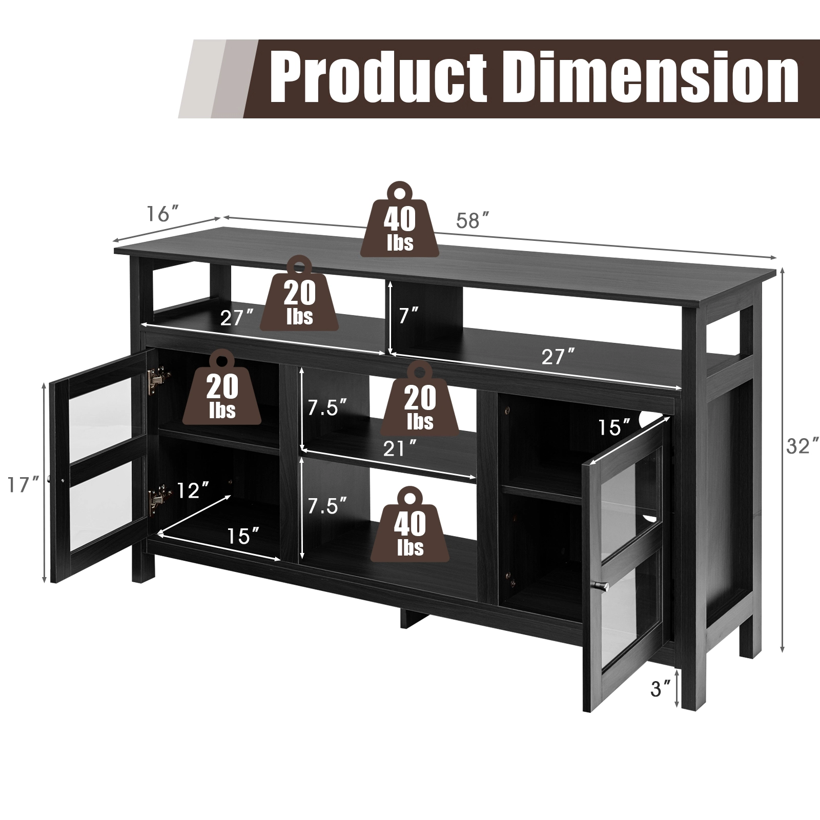 SUGIFT 58-in TV Stand Entertainment Console Center with 2 Cabinets 40-lb Tabletop Capacity Black