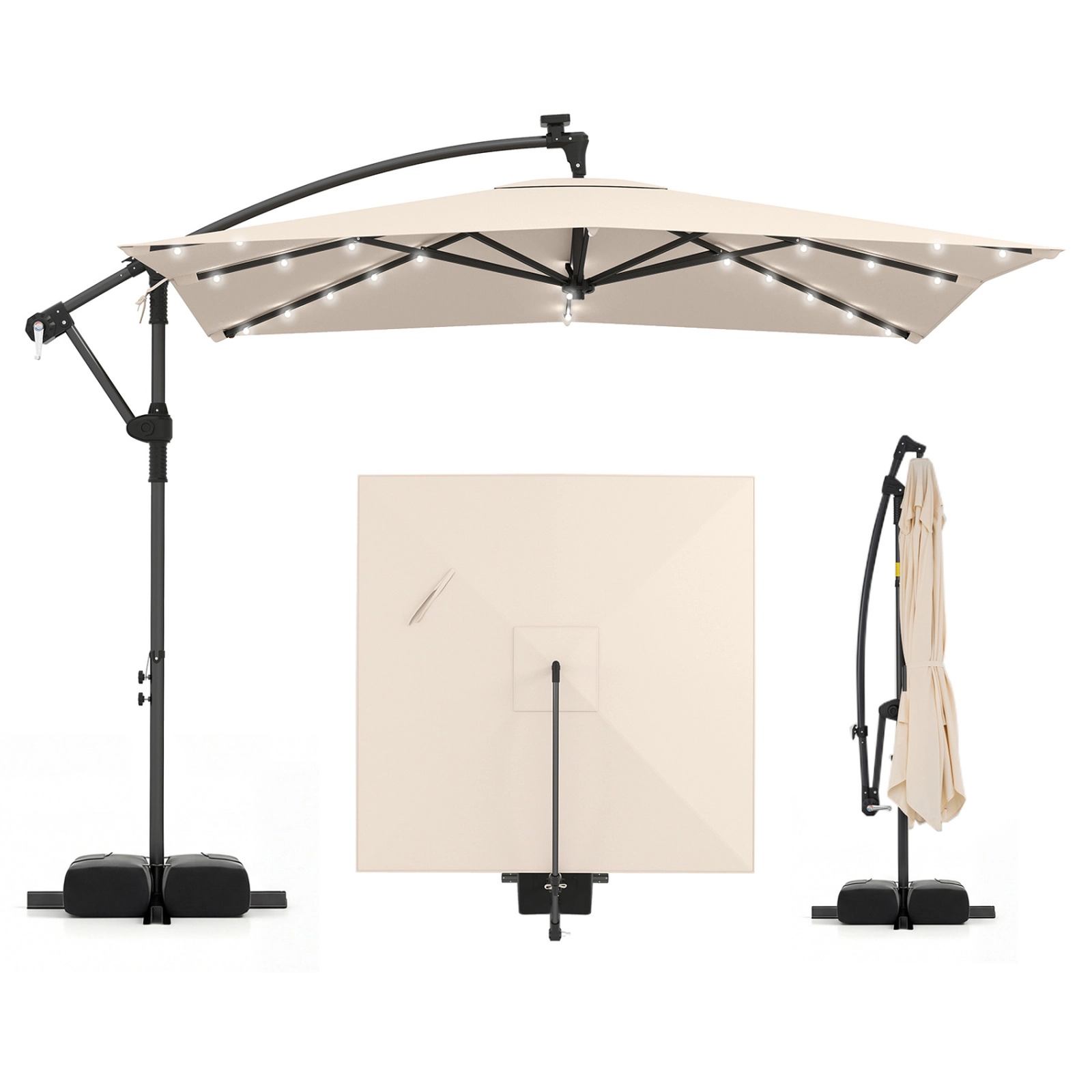 SUGIFT 8-ft Beige Square Solar Offset Cantilever Patio Umbrella with 7-ft Clearance Crank Lift and Cross Base