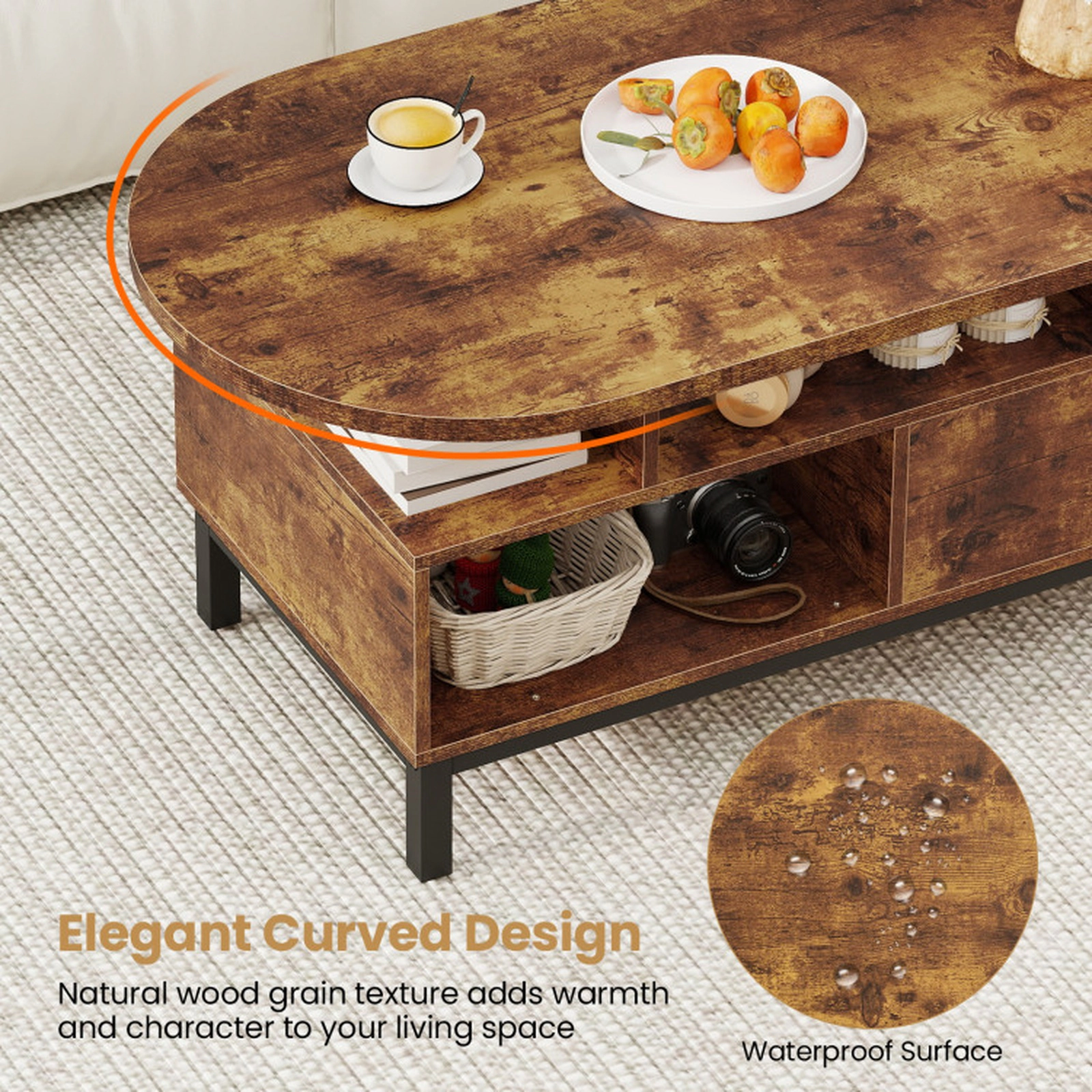 SUGIFT 47-in 110-lb Capacity Rustic Brown Oval Coffee Table with Drawer 2 Open Compartments and 5-Leg Base