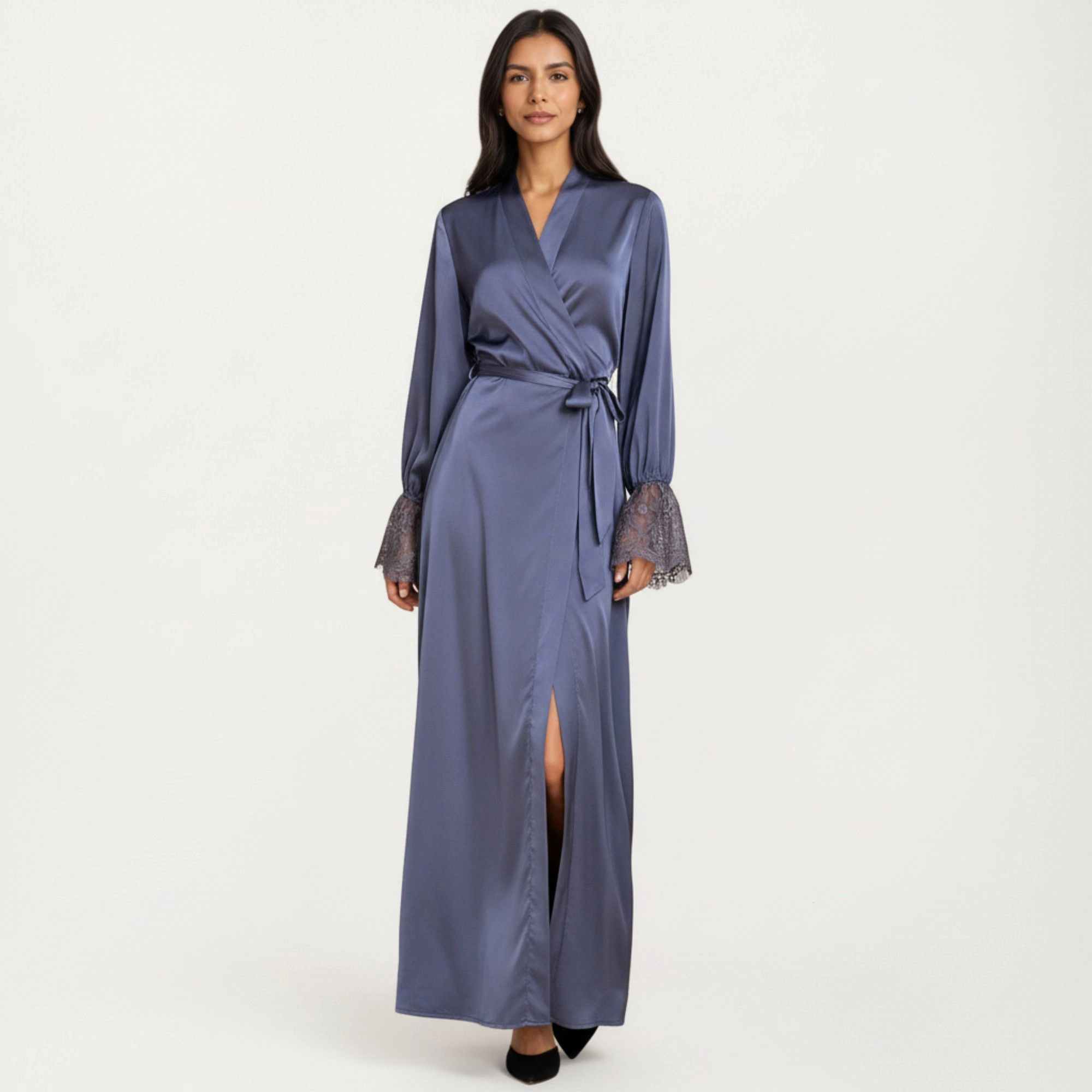 Anna-Kaci Women's Satin Wrap Robe Dress Long Sleeves Lace Cuff Detail and Adjustable Tie Waist Flowy Maxi Silhouette