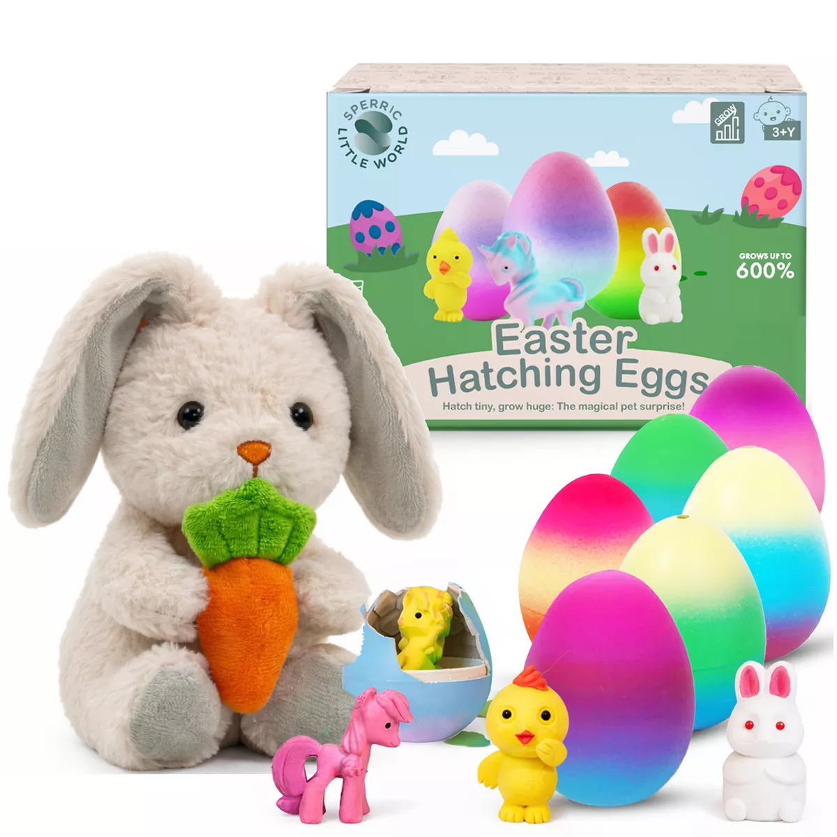 Sperric Easter Basket Stuffer Toys Set, Cuddly Easter Plush Bunny Holding Carrot w/ 6pc Surprise Unicorn Hatching Eggs