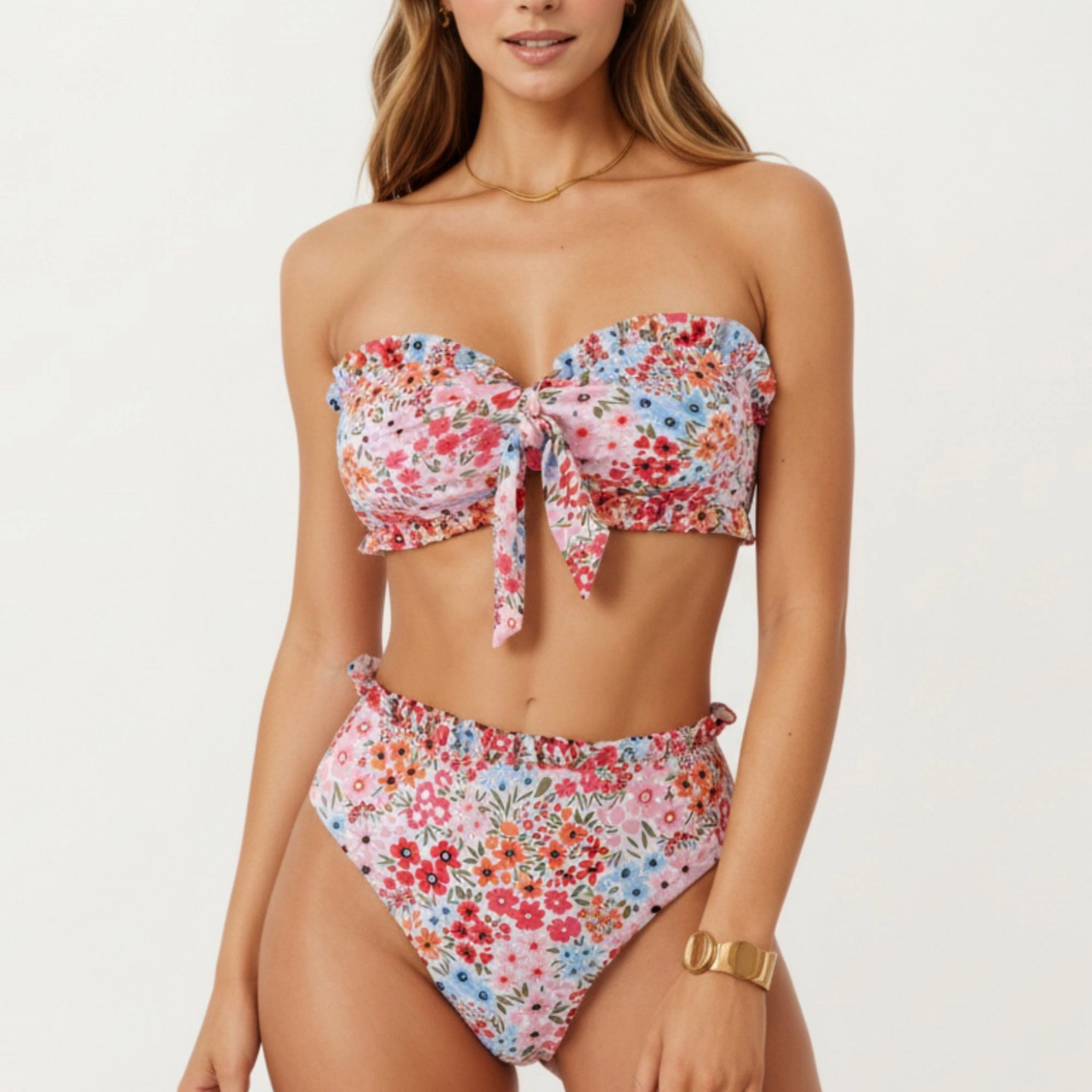 Anna-Kaci Women's 2-Piece Strapless Bandeau Bikini Set with Front Tie Knot Top High Waisted Ruffle Trim Bottom