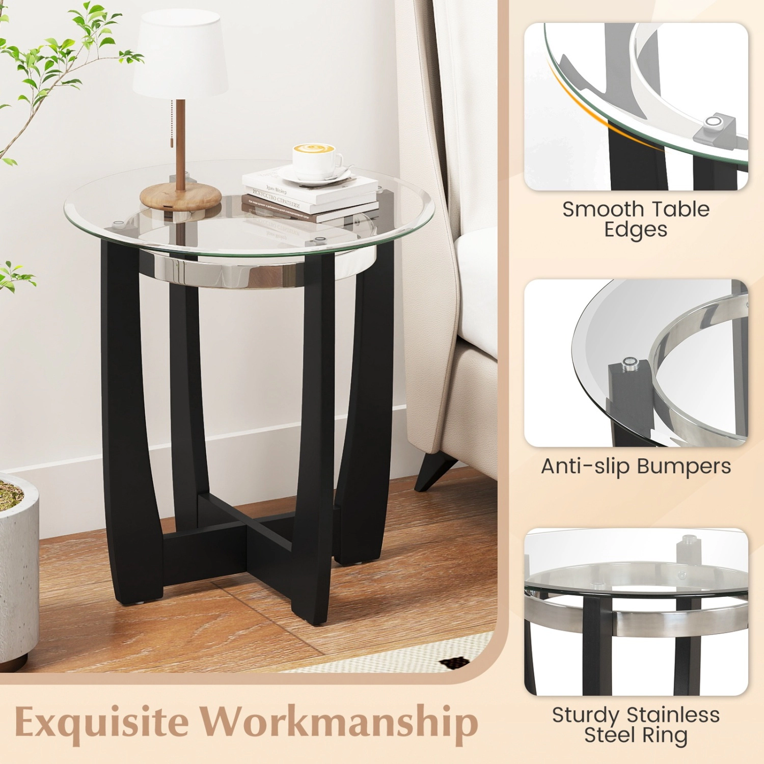 Glintex 3-Piece Round Glass Coffee and Side Table Set with Wheels