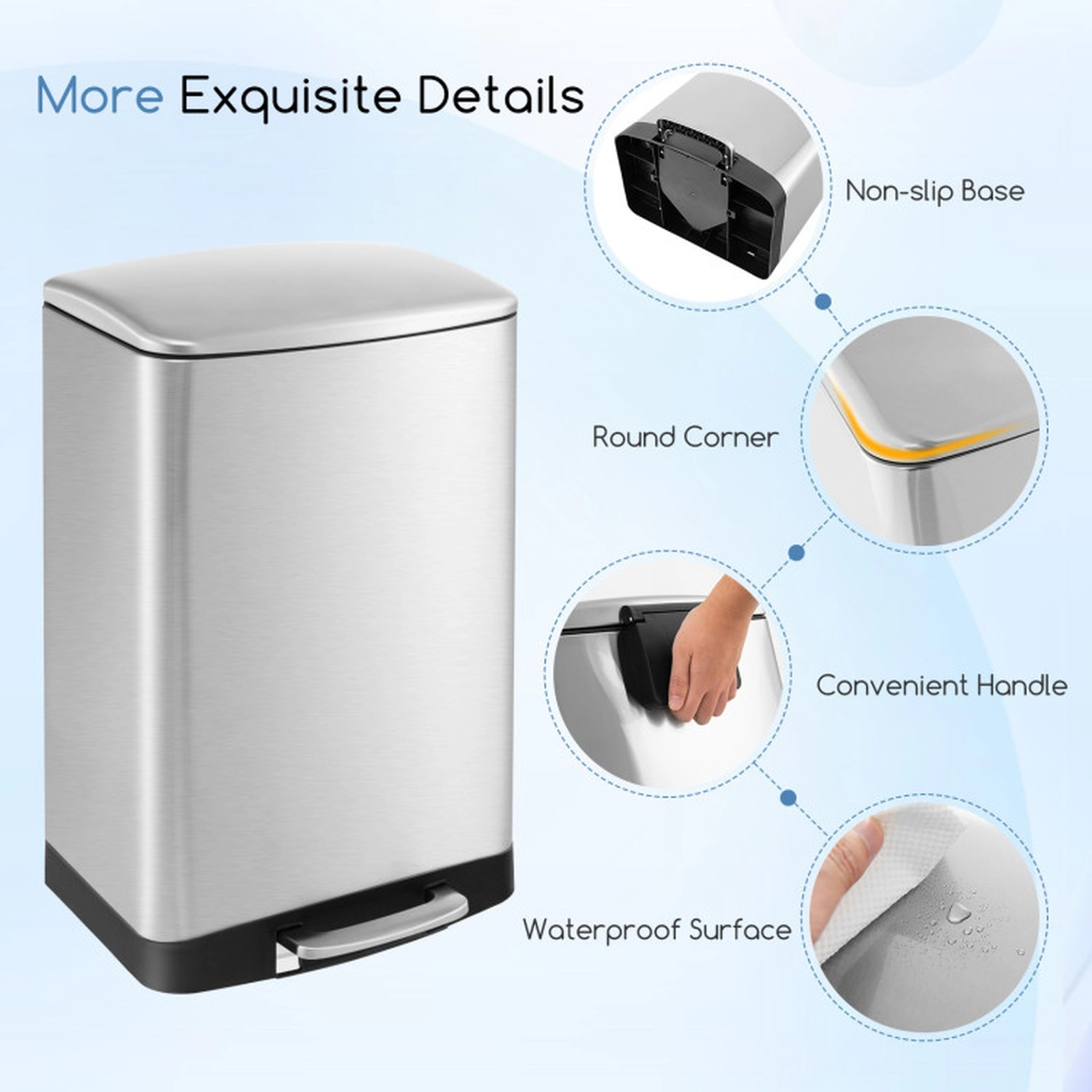 SUGIFT 3-Layer Stainless Steel Step Trash Can Soft Close Lid Lock Device 13.2-Gallon 85 Degree Opening 16-lb Silver
