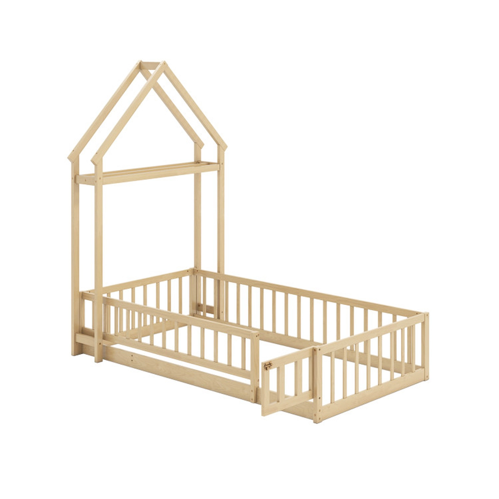 SUGIFT Kids Twin Size House-Shaped Headboard Fence Rails Floor Bed 78-in x 48.5-in x 74-in Fits 6-in Mattress Natural