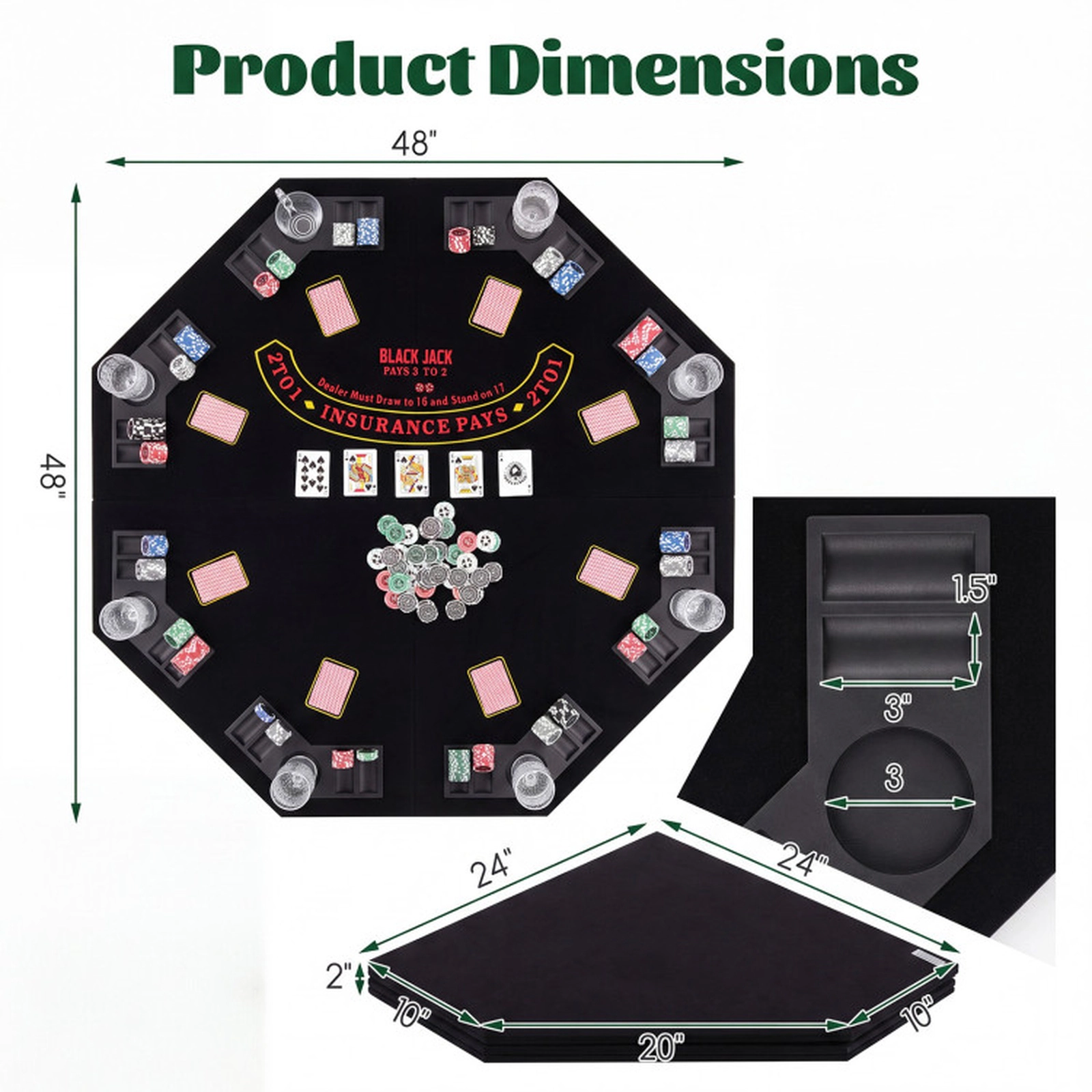 SUGIFT 48-in 8-Player Quad-Fold Portable Poker Table Top with Cup Holders Chip Trays and Carrying Bag