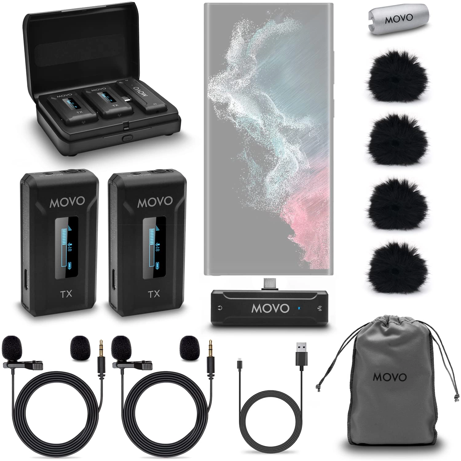 Movo WMX-2-C Duo Wireless Microphone System for USB-C – Dual Clip-On Lavalier Mics for iPhone 15, Android, iPad Pro