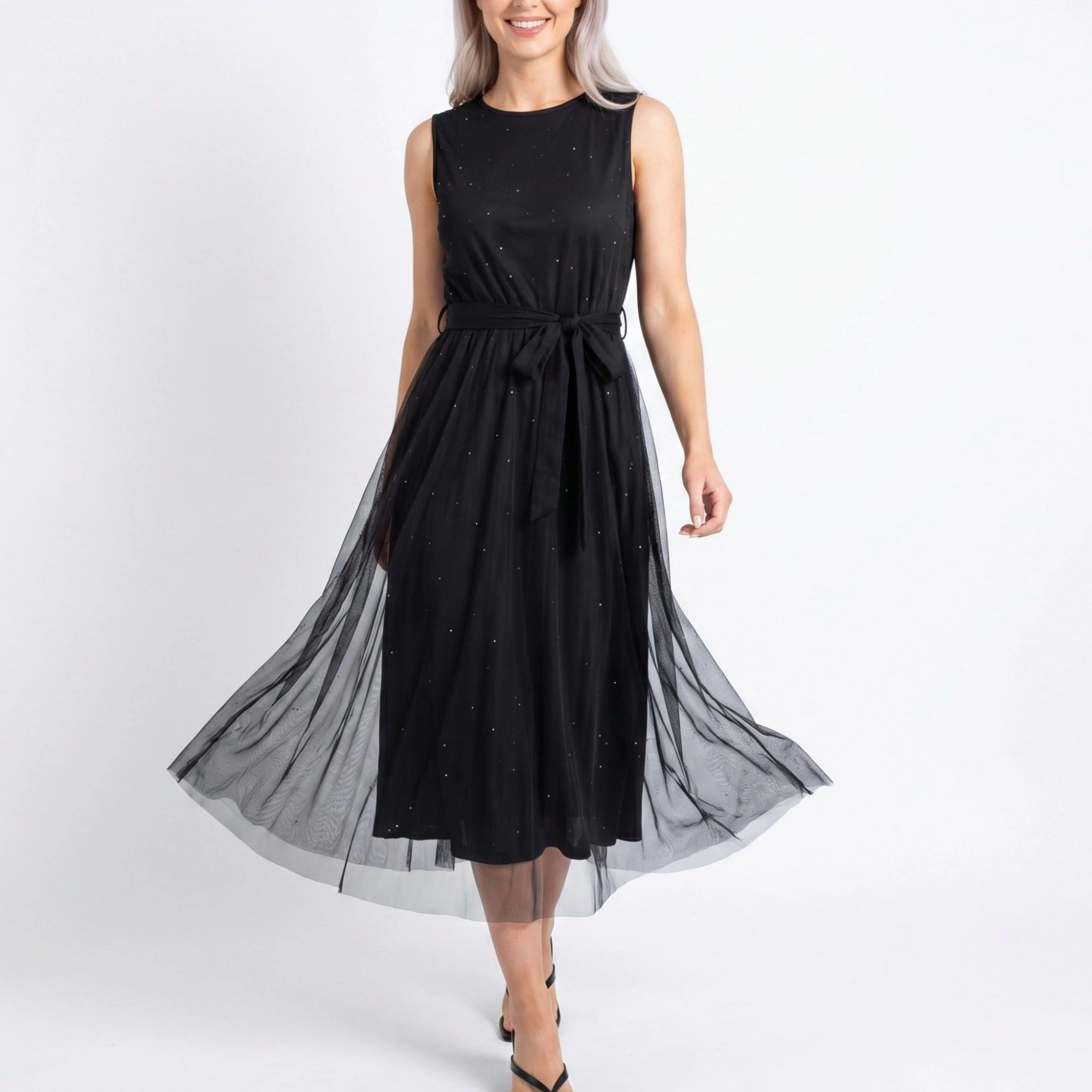 Anna-Kaci Women's Mesh Overlay Sleeveless Belted Midi Dress