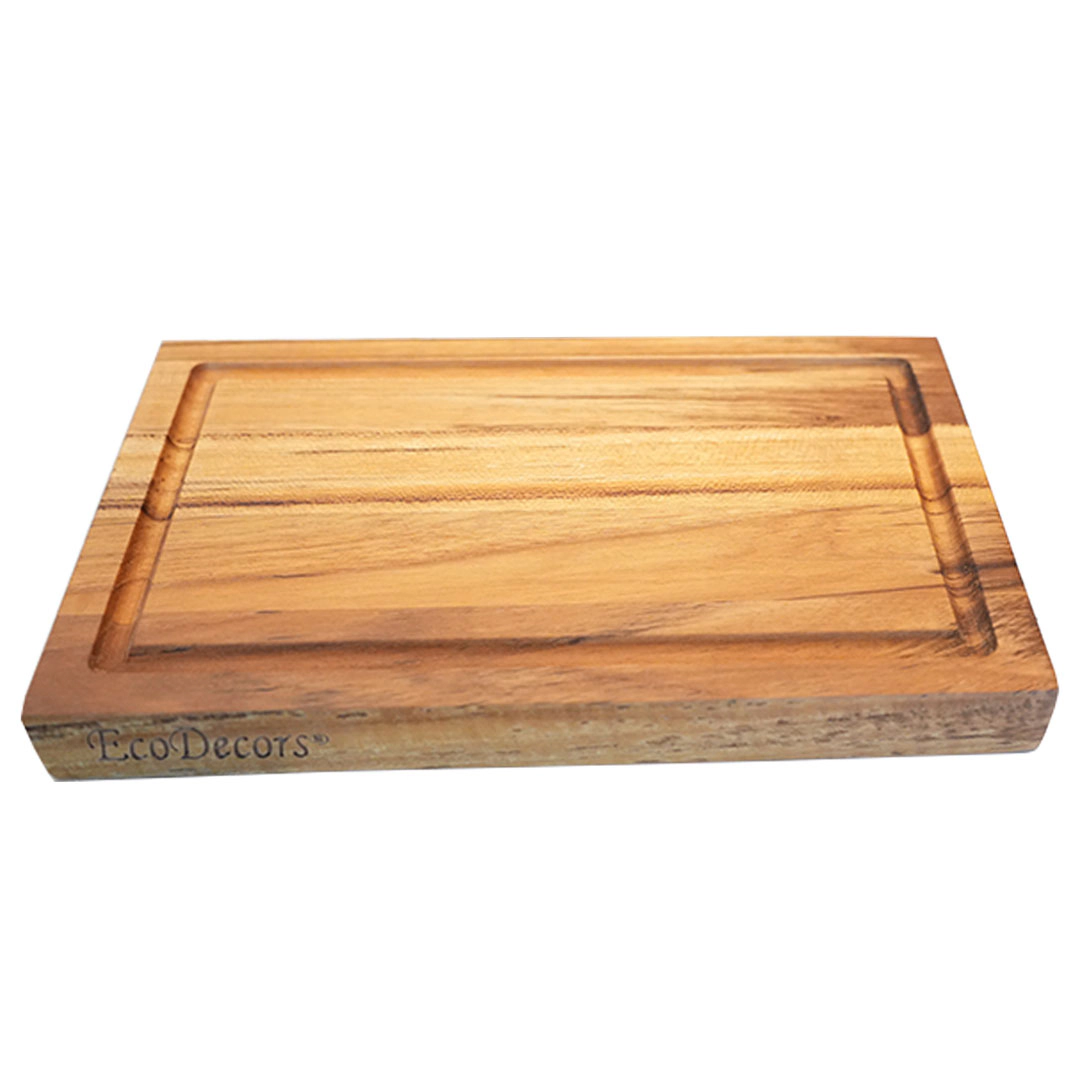EcoDecors 10" x 6" Reversible Teak Edge-Grain Cutting Board with Juice Groove